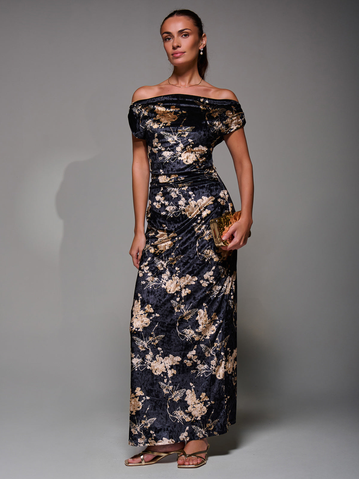 Printed Velvet Draped Maxi Dress Detail View
