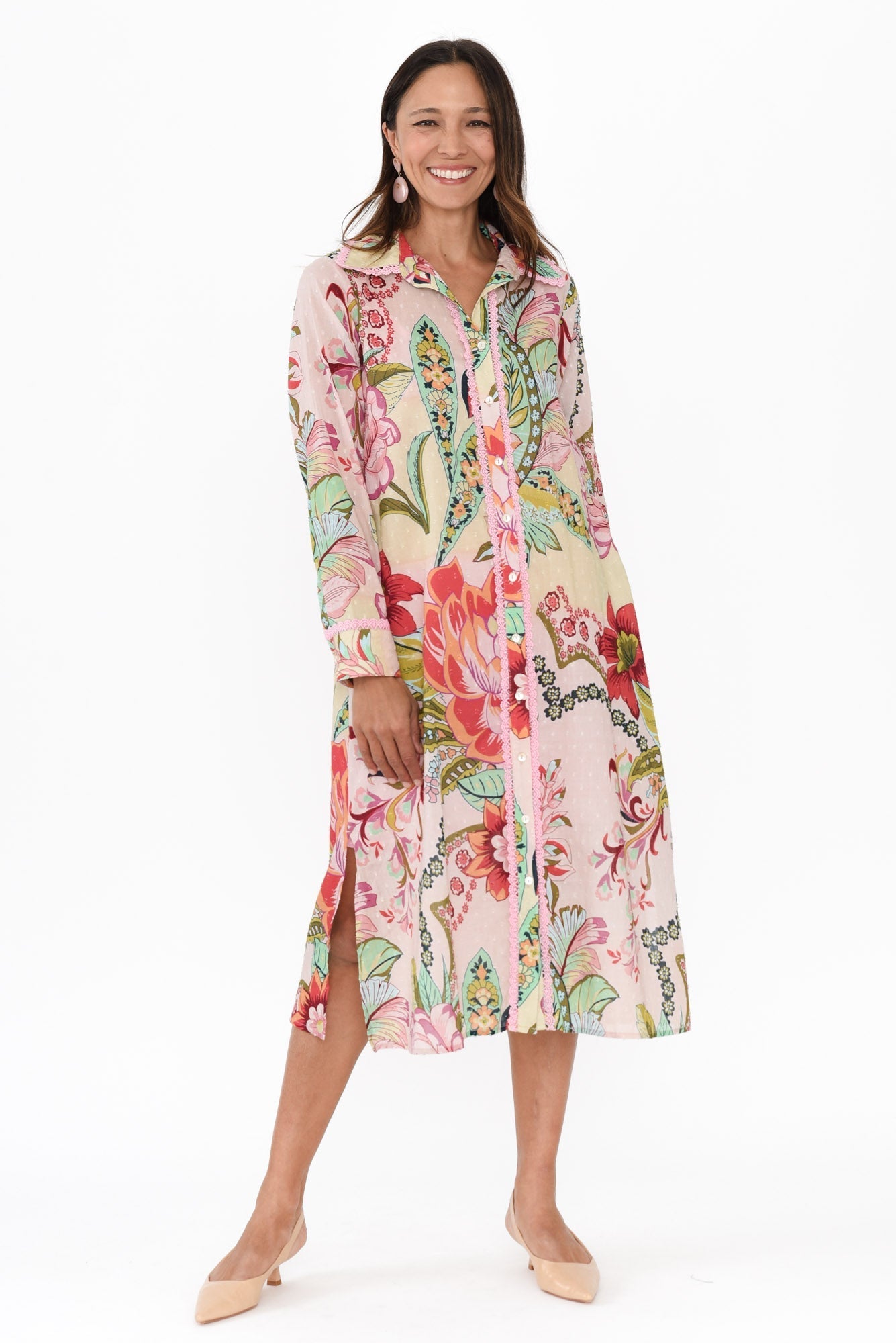 Vada Pink Floral Cotton Shirt Dress Front View