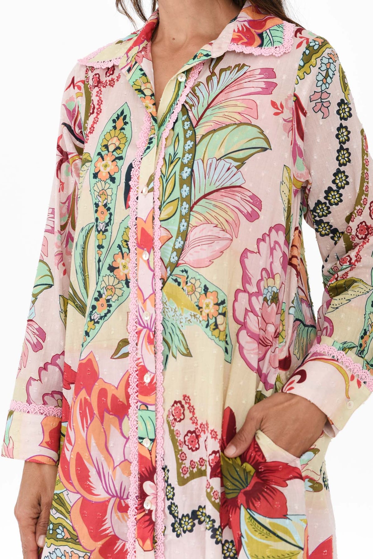 Vada Pink Floral Cotton Shirt Dress Full Length View