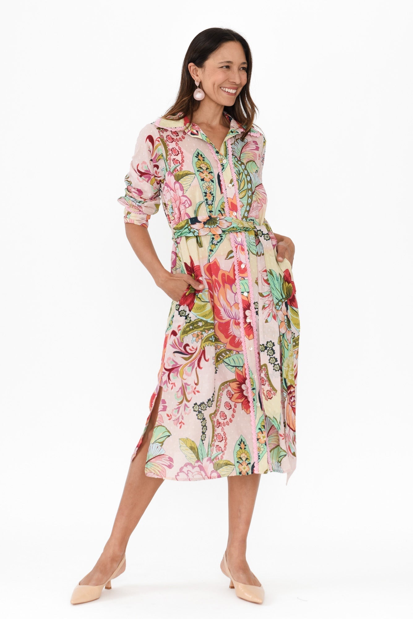 Vada Pink Floral Cotton Shirt Dress Front View 2