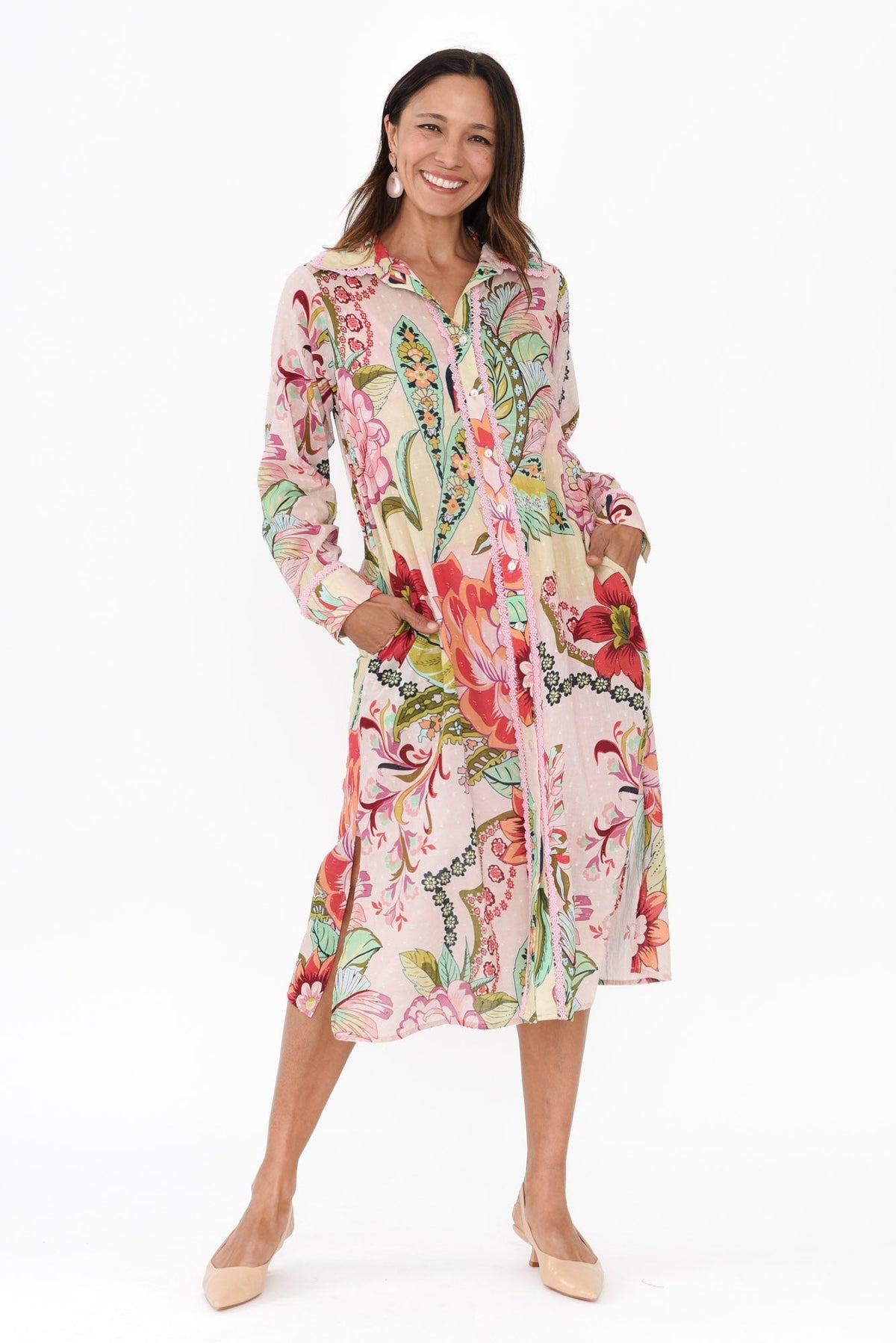 Vada Pink Floral Cotton Shirt Dress Back View