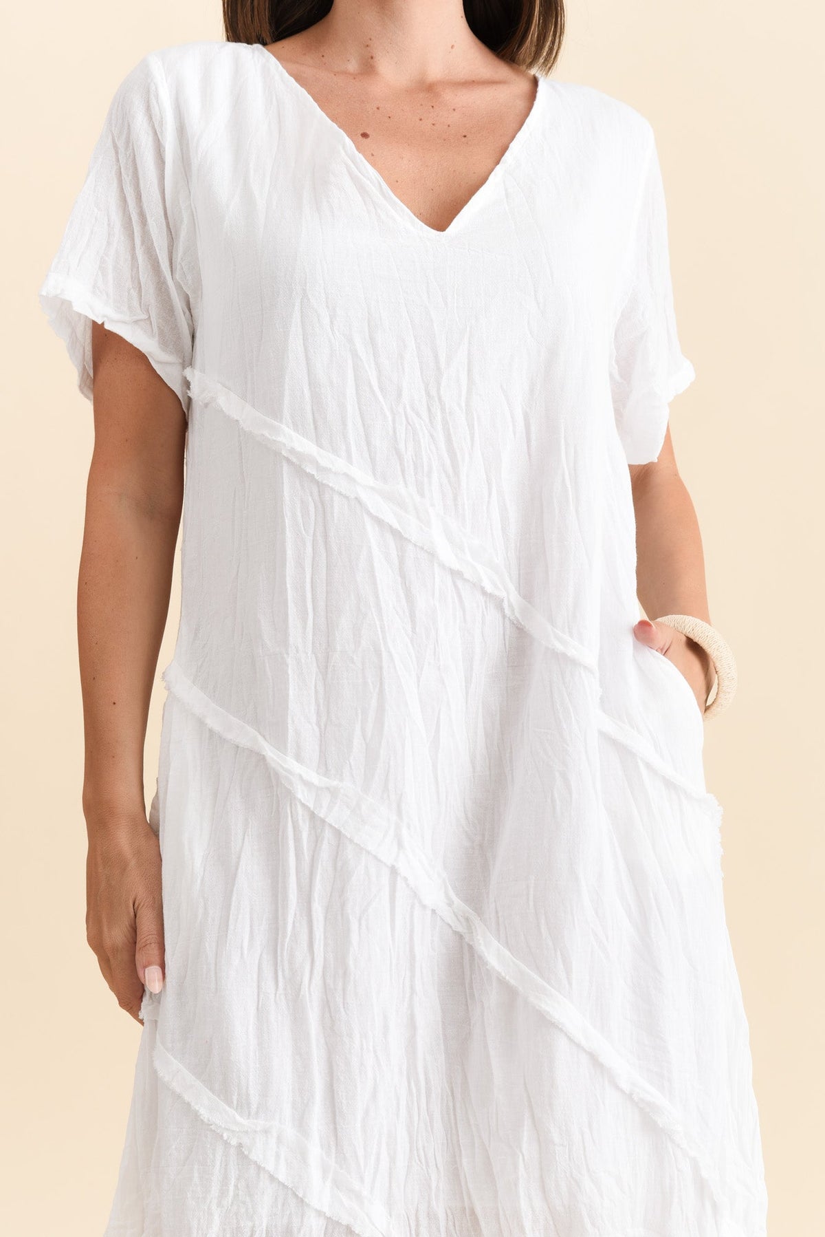Vanessa White Diagonal Seam Dress Detail View