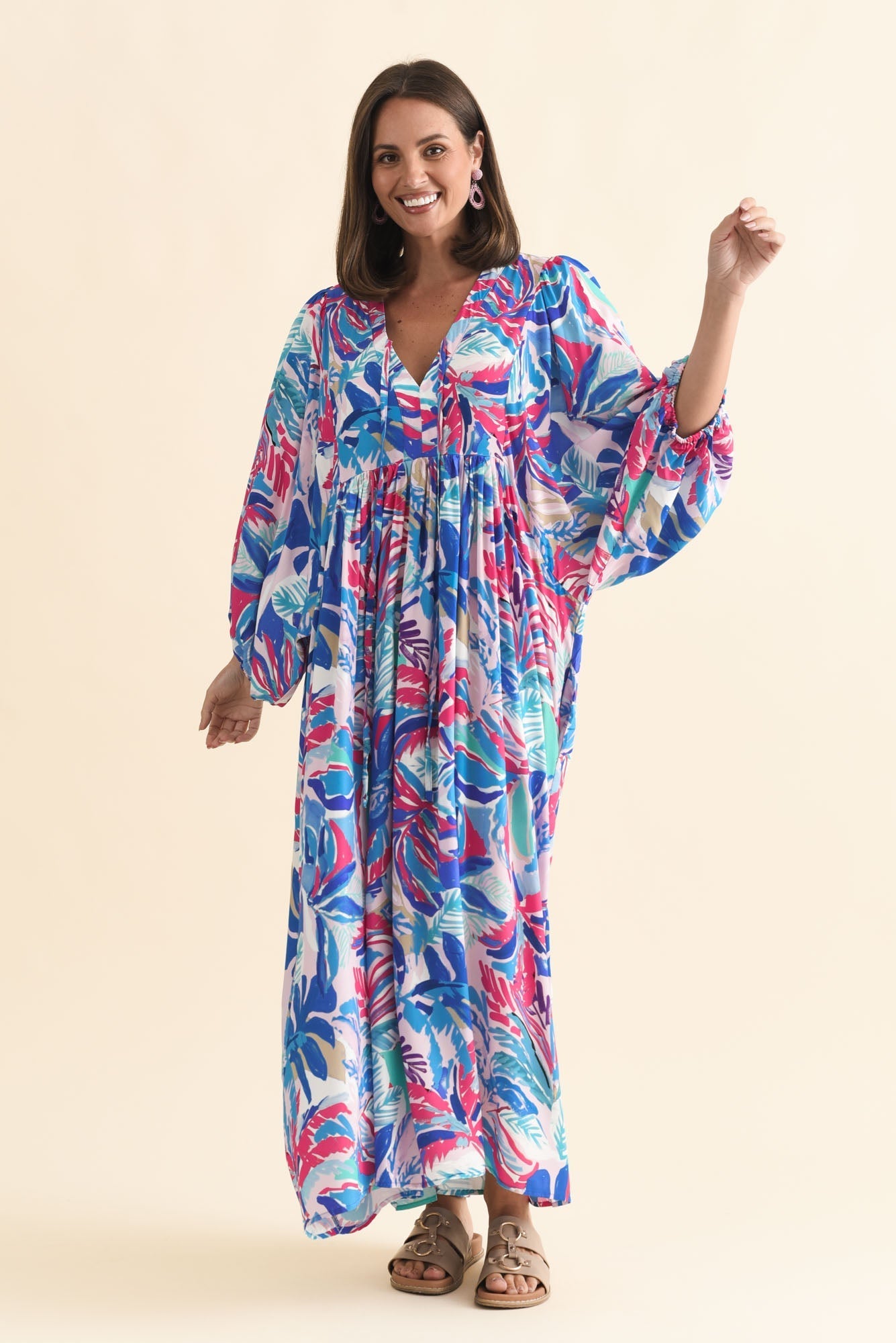 Verona Indigo Leaf Puff Sleeve Dress Front View 2