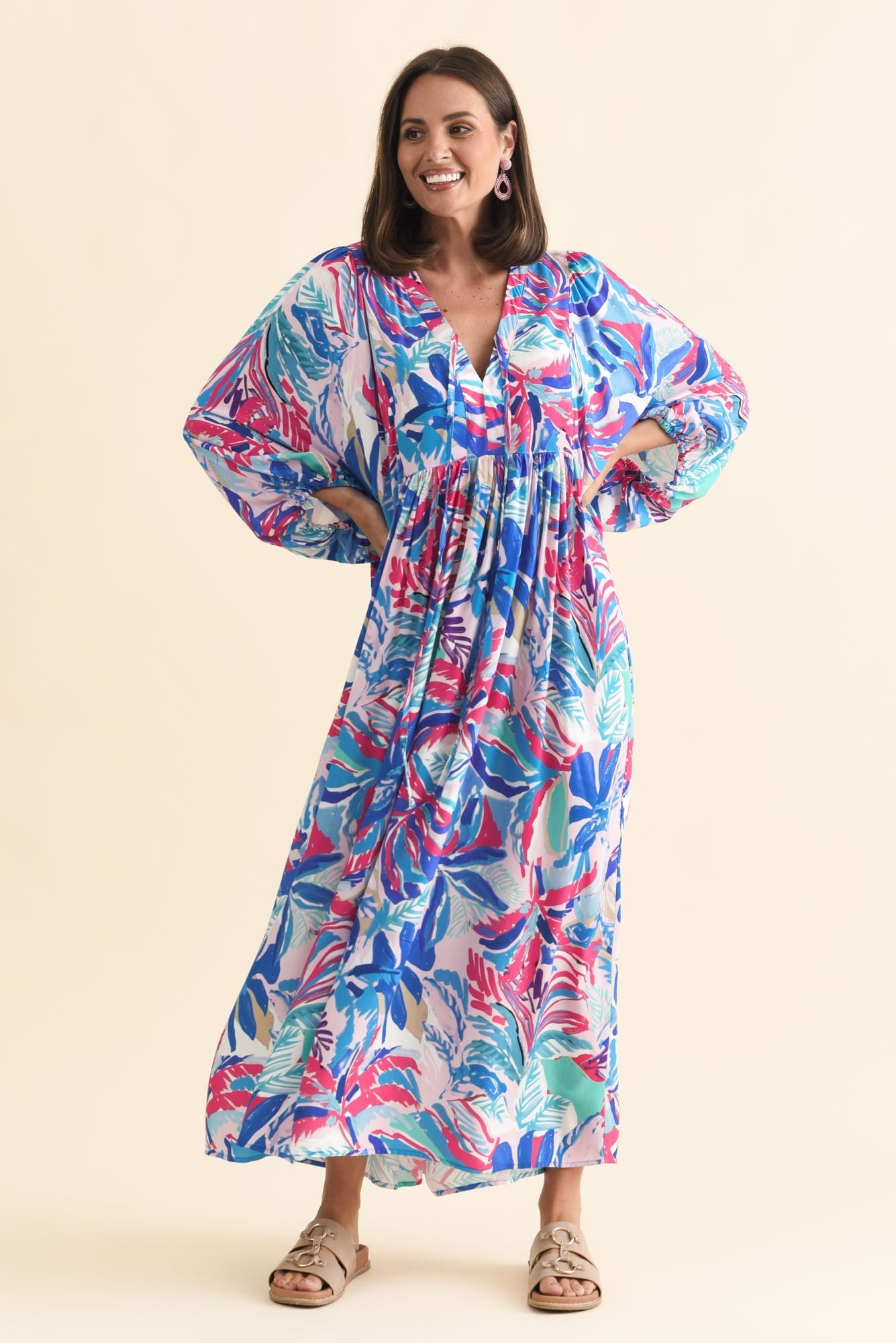 Verona Indigo Leaf Puff Sleeve Dress Front View