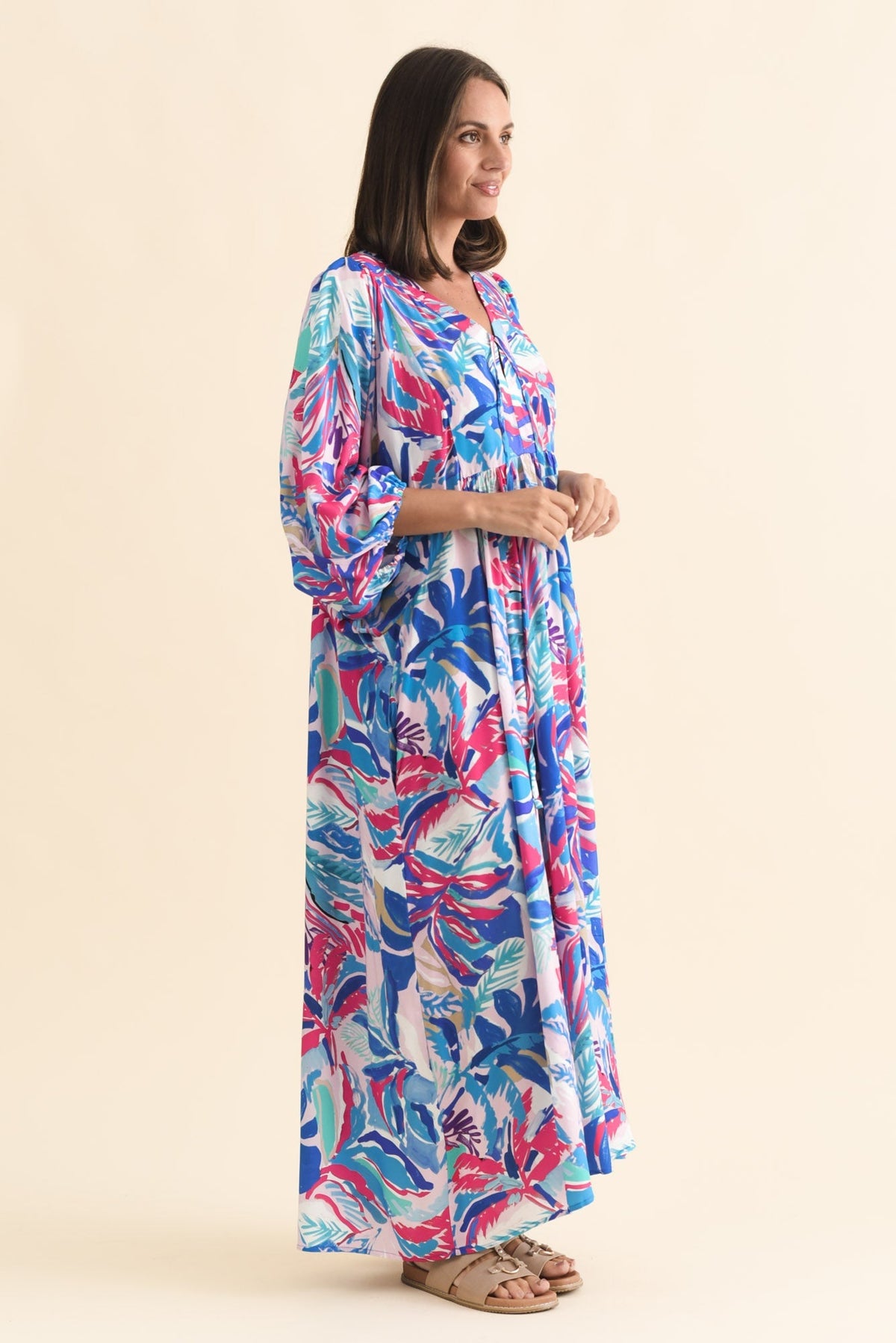 Verona Indigo Leaf Puff Sleeve Dress Back View