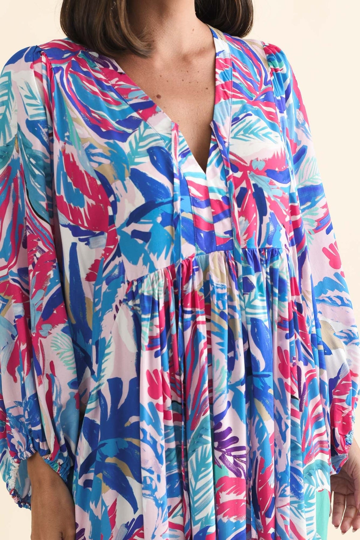 Verona Indigo Leaf Puff Sleeve Dress Detail View