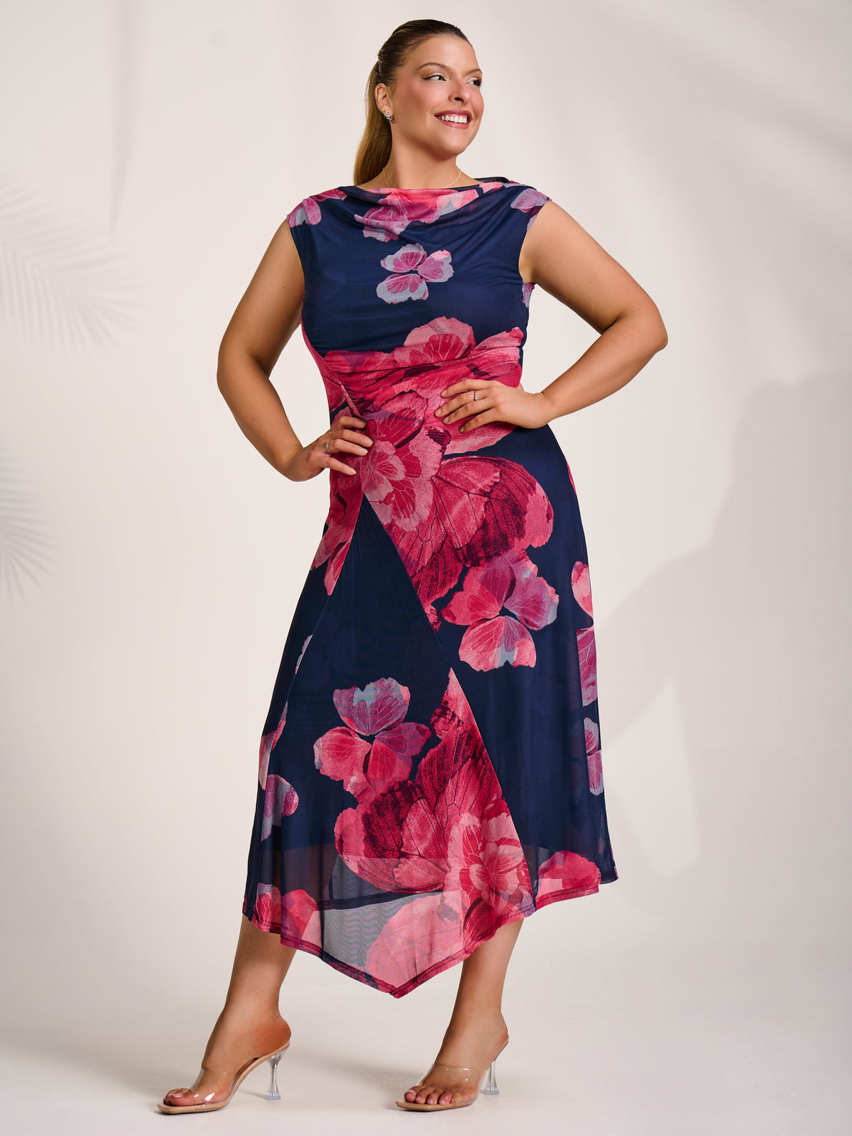 Asymmetric Draped Mesh Midaxi Dress Fuchsia Floral Detail View