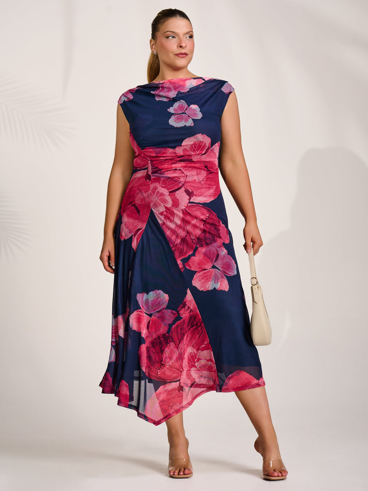 Asymmetric Draped Mesh Midaxi Dress Fuchsia Floral Styled View