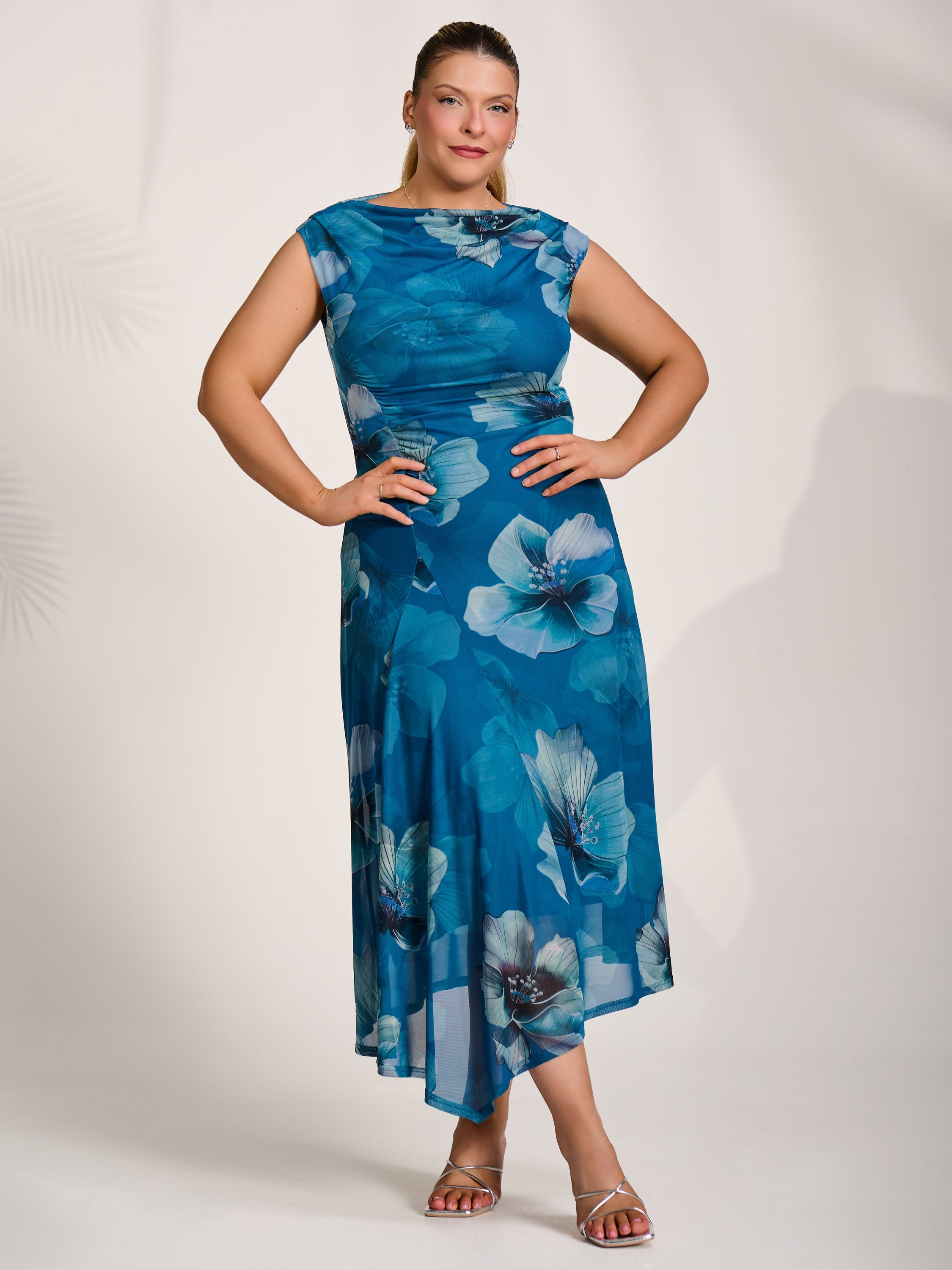 Asymmetric Draped Mesh Midaxi Dress teal floral Front View 2