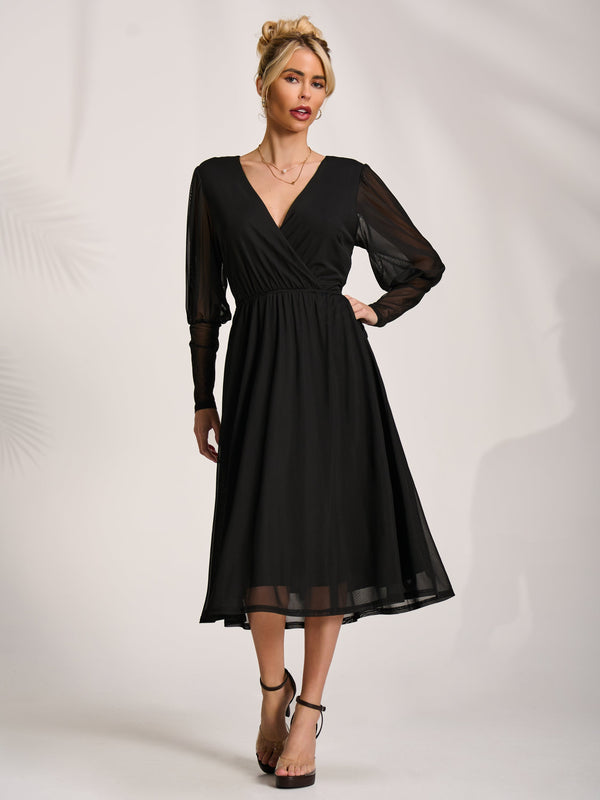 Mesh Long Puff Sleeve Wrap Midi Dress Front View