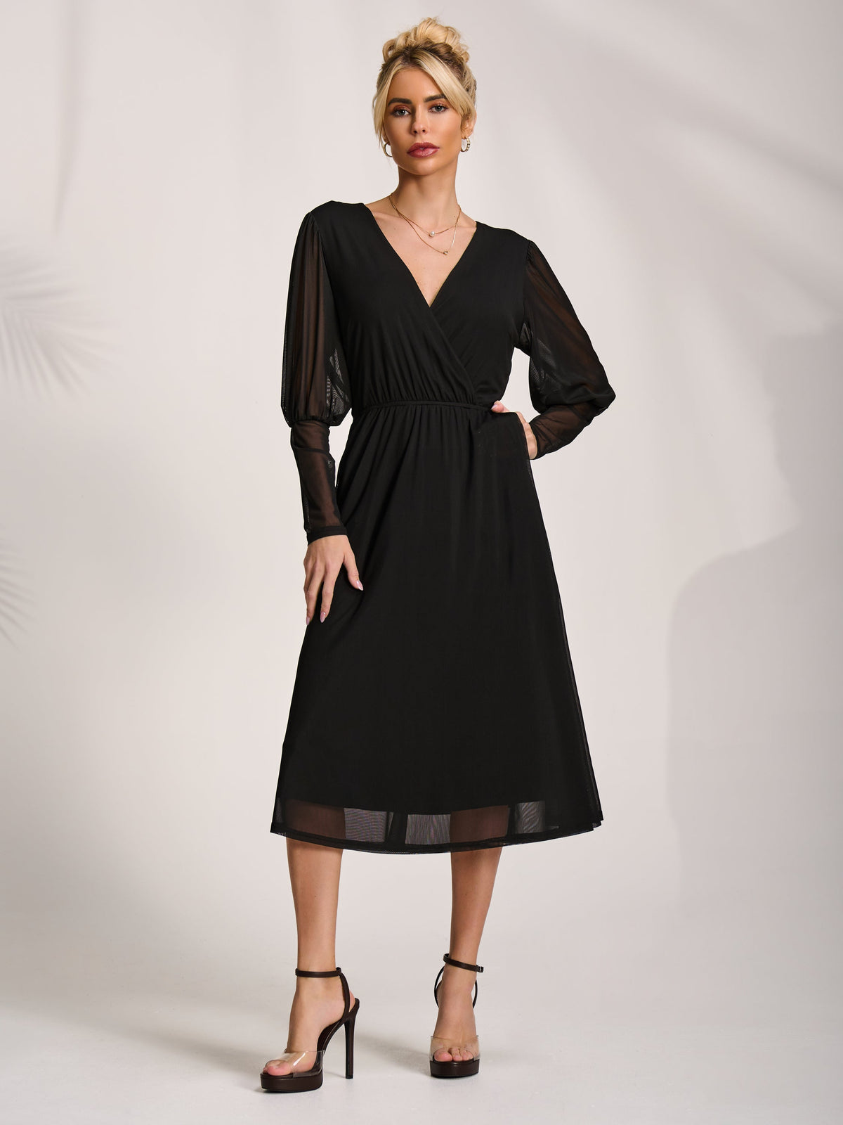 Mesh Long Puff Sleeve Wrap Midi Dress Styled View
