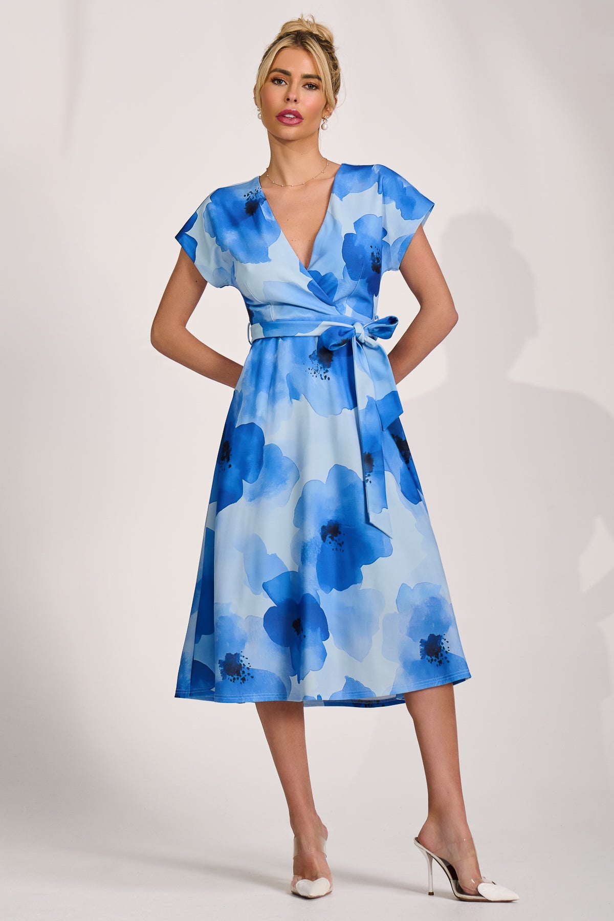 Kimono Sleeve Print Scuba Midi Dress Front View