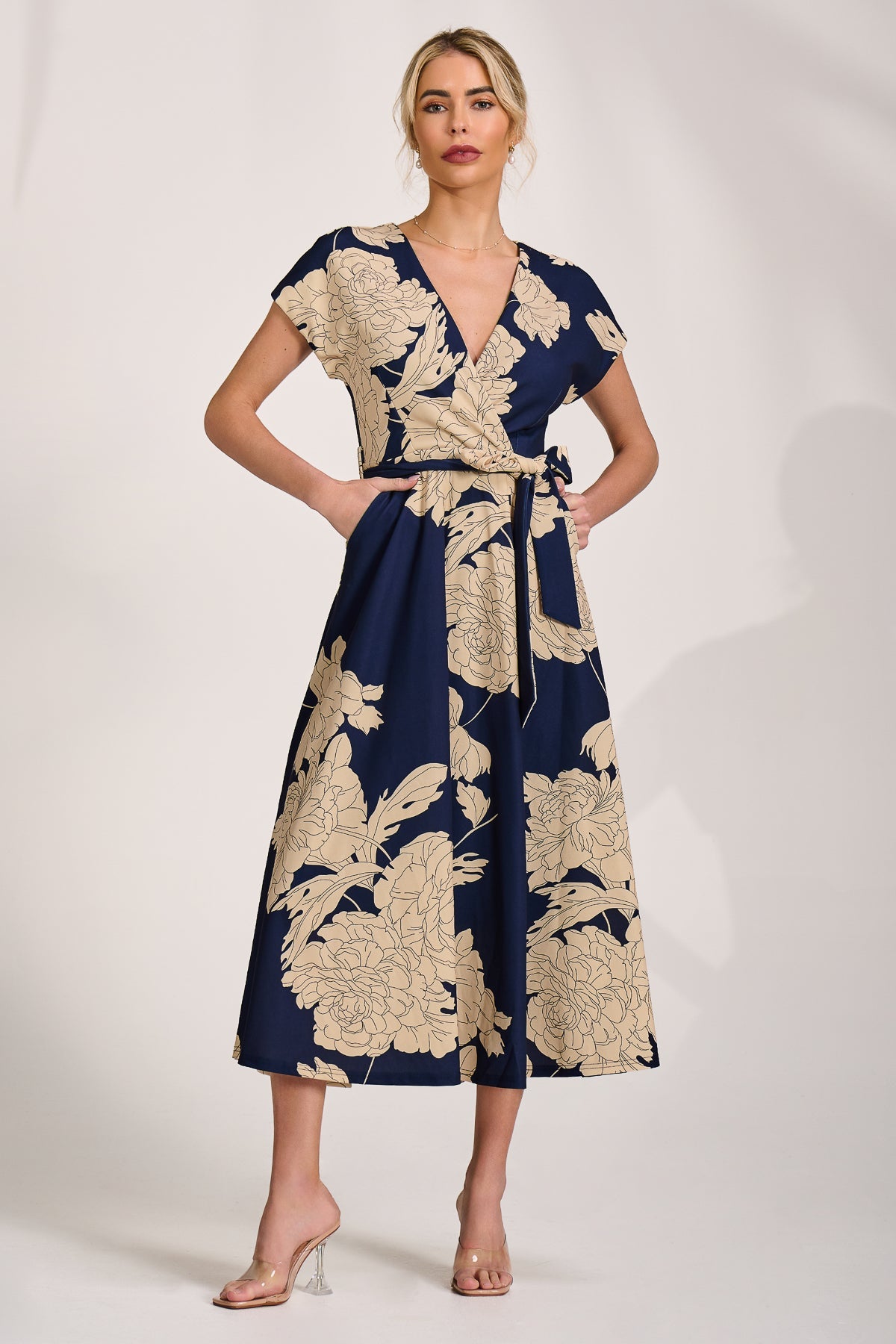 Kimono Sleeve Print Scuba Midaxi Dress Navy Floral Front View