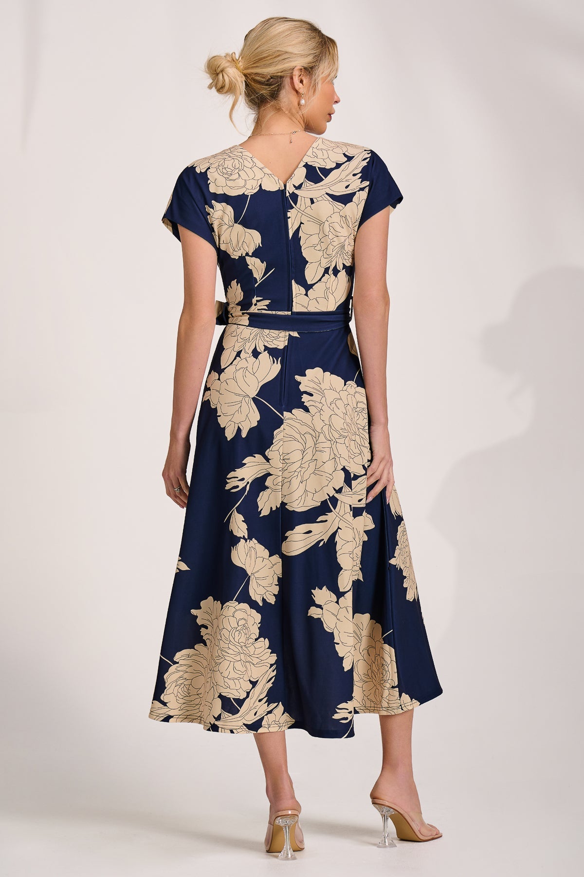 Kimono Sleeve Print Scuba Midaxi Dress Navy Floral Back View