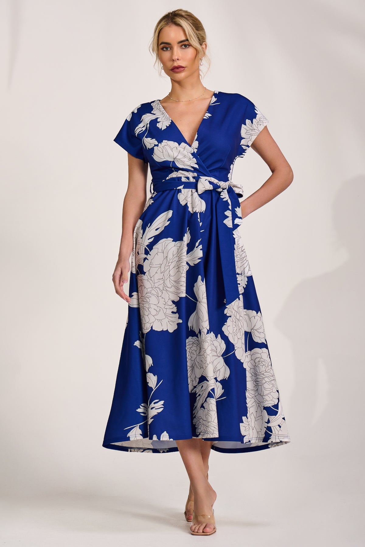 Kimono Sleeve Print Scuba Midaxi Dress ROYAL BLUE Detail View