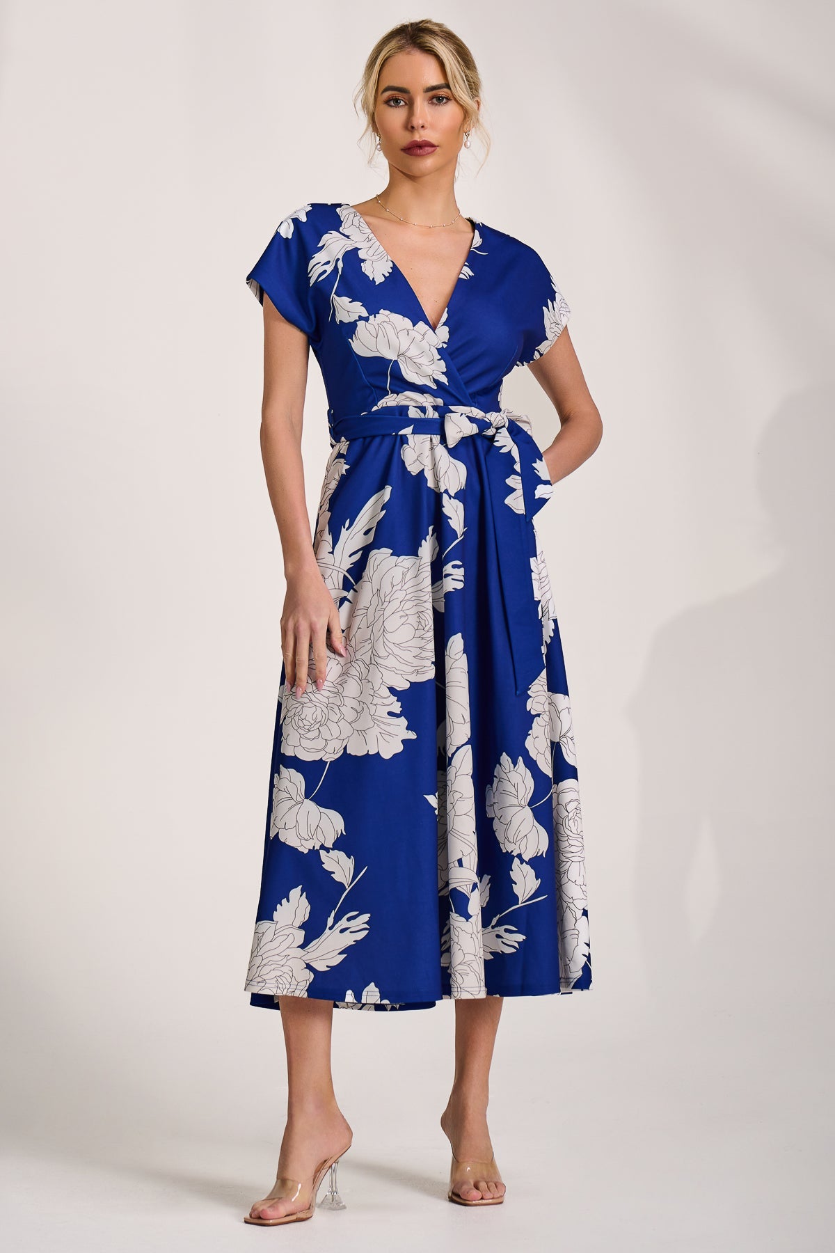 Kimono Sleeve Print Scuba Midaxi Dress ROYAL BLUE Full Length View