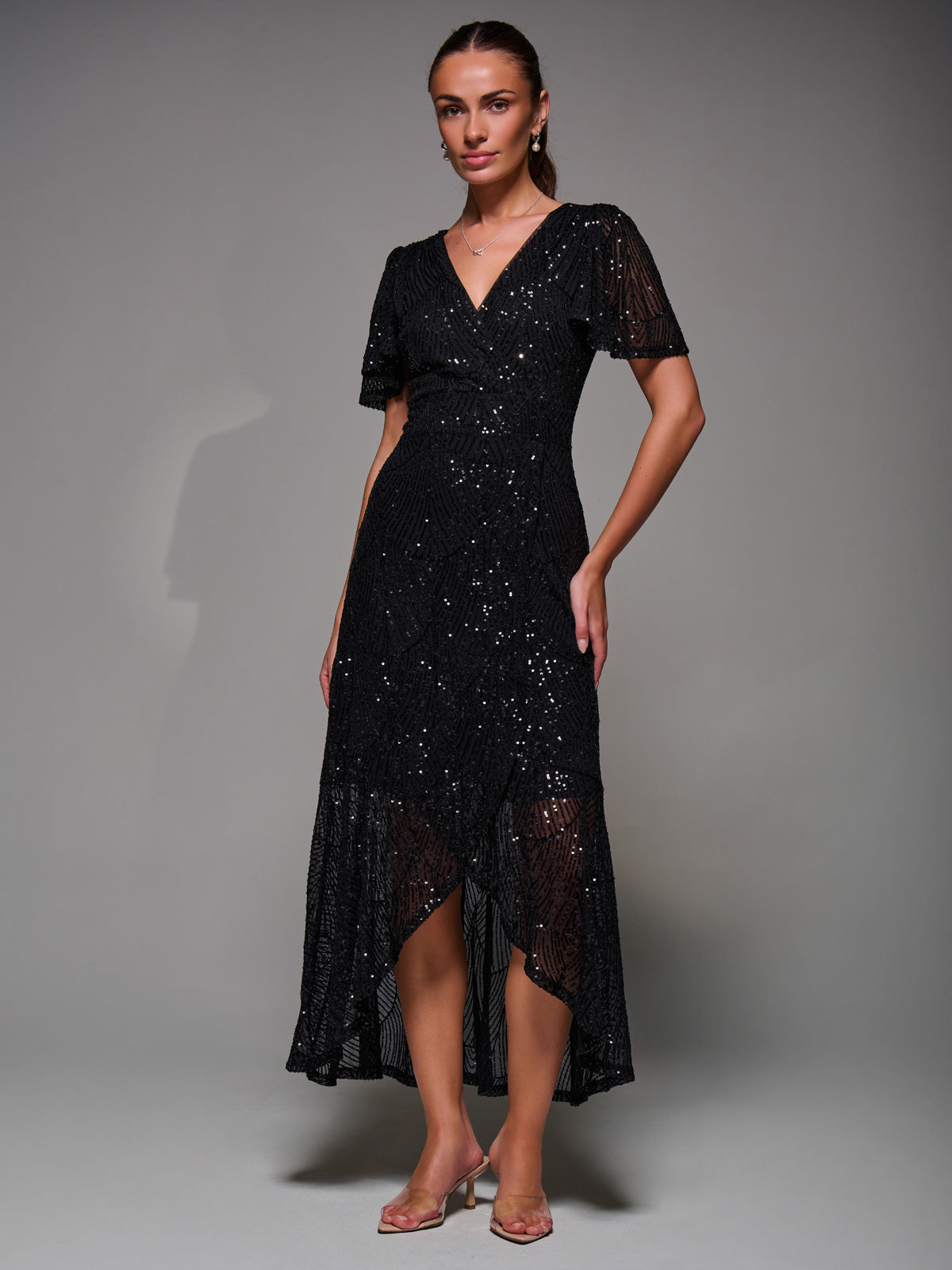 Sequin Angel Sleeve Ruffle Hem Maxi Dress Front View