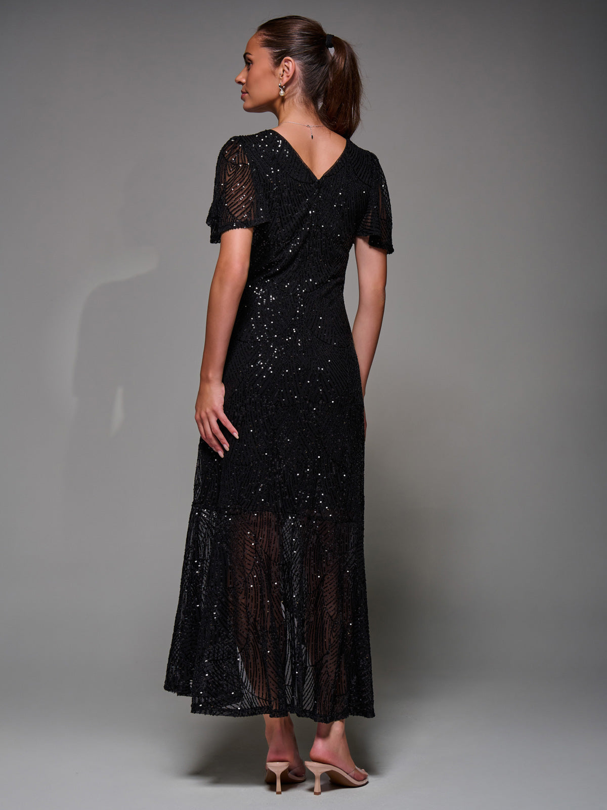 Sequin Angel Sleeve Ruffle Hem Maxi Dress Back View