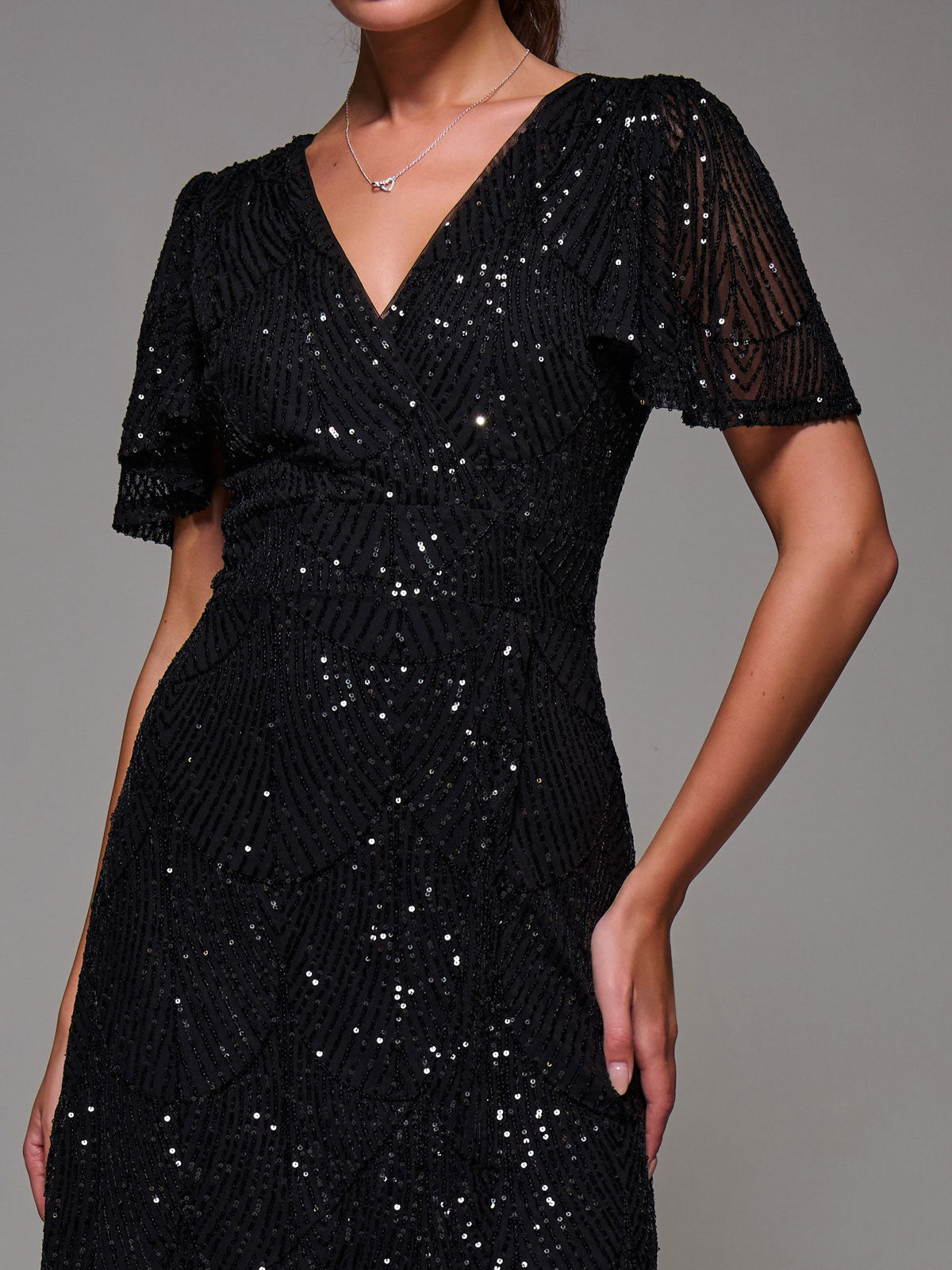 Sequin Angel Sleeve Ruffle Hem Maxi Dress Side View
