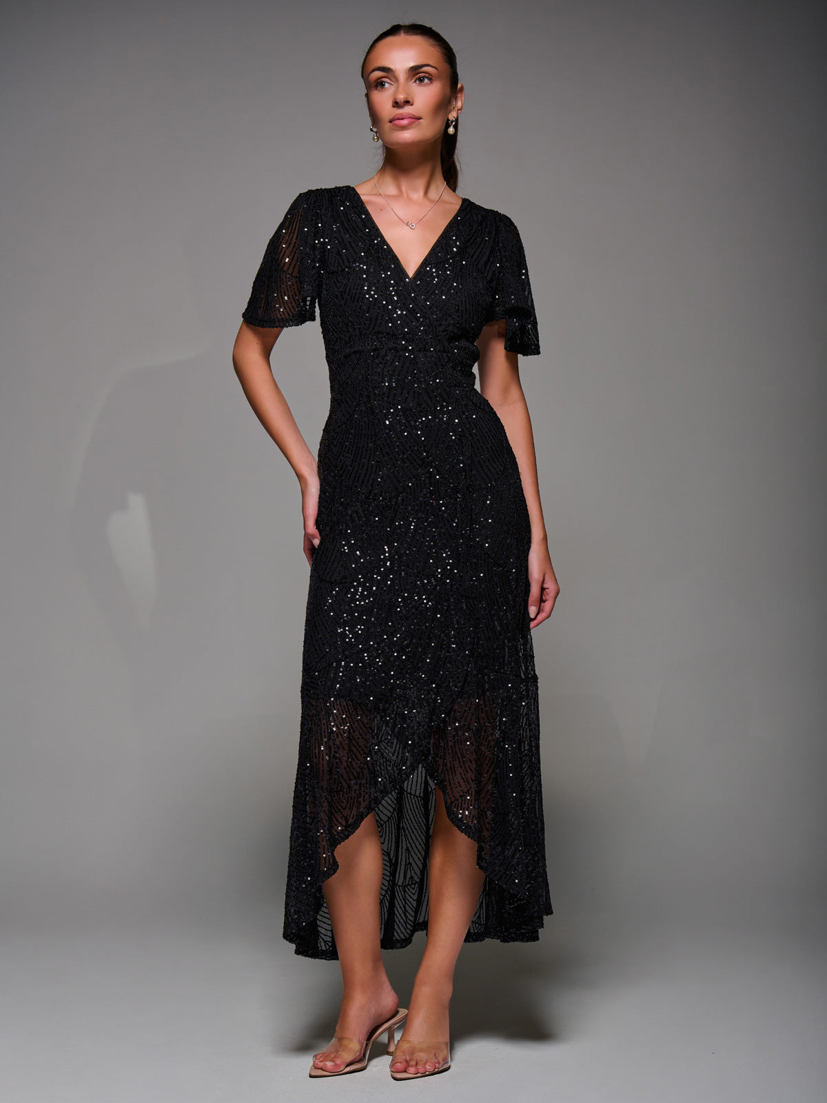Sequin Angel Sleeve Ruffle Hem Maxi Dress Detail View
