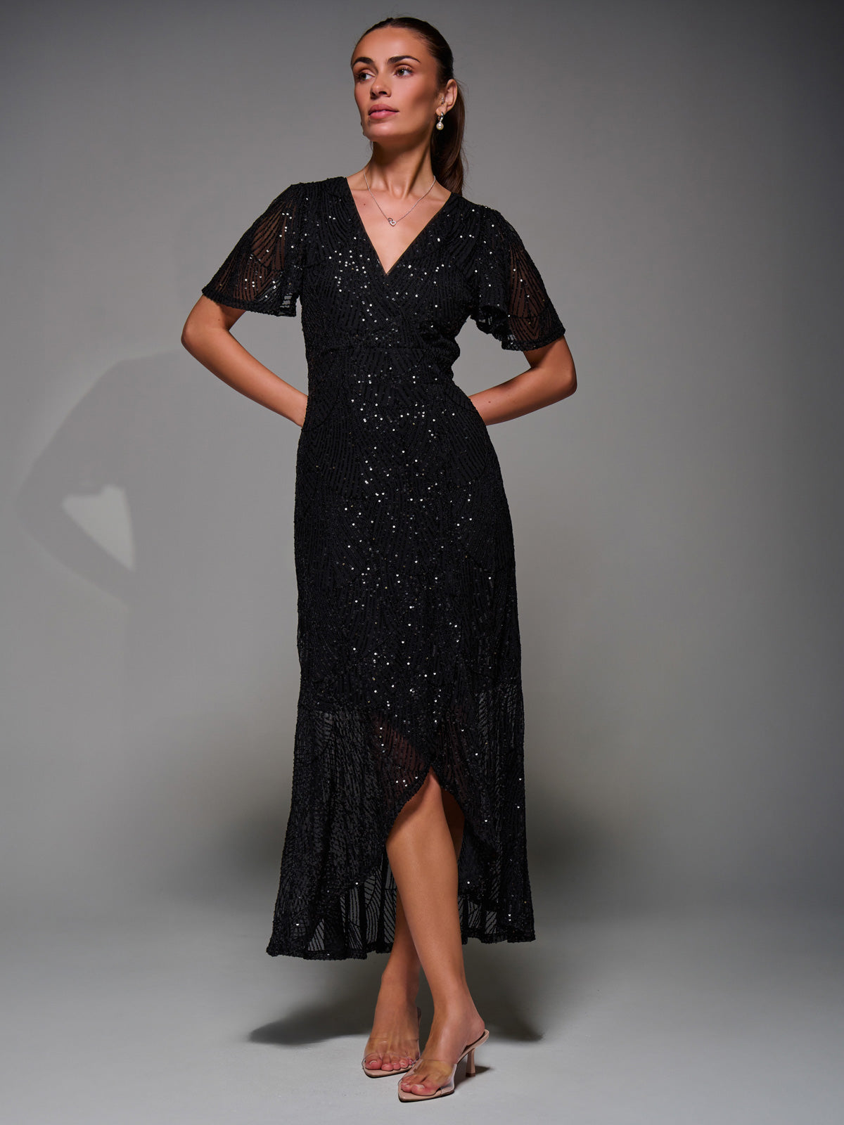 Sequin Angel Sleeve Ruffle Hem Maxi Dress Styled View
