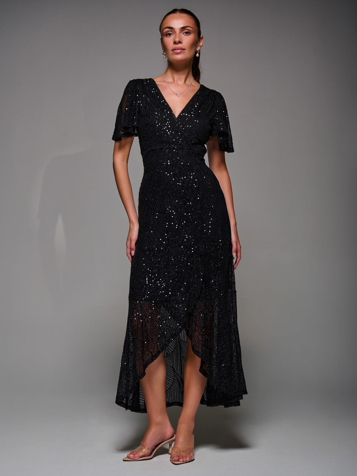 Sequin Angel Sleeve Ruffle Hem Maxi Dress Full Length View