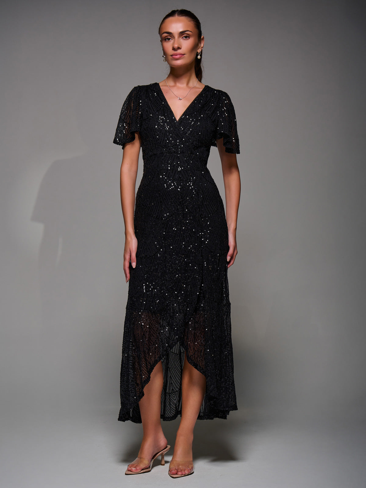 Sequin Angel Sleeve Ruffle Hem Maxi Dress Front View 2