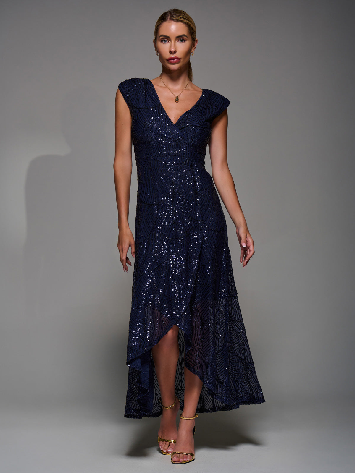 Sequin Asymmetric Ruffle Hem Maxi Dress Front View