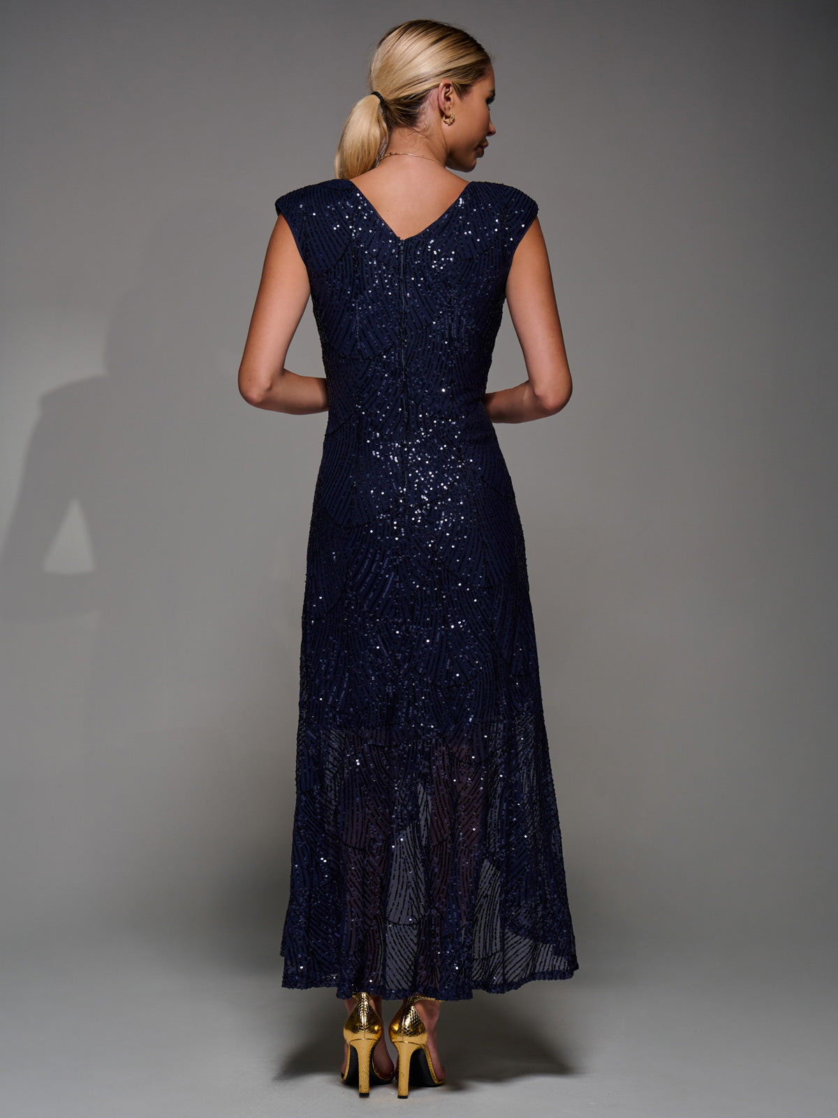 Sequin Asymmetric Ruffle Hem Maxi Dress Back View