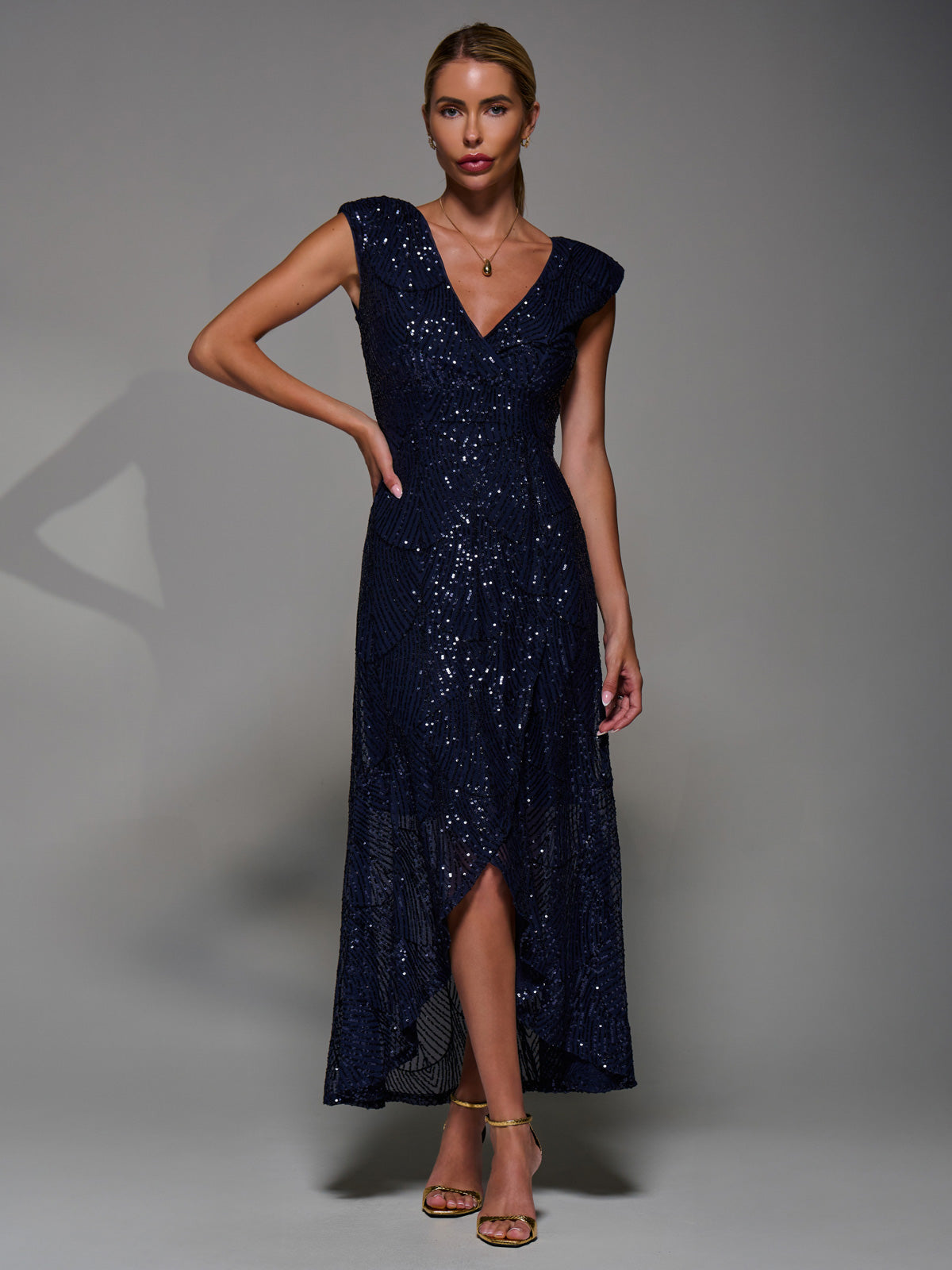 Sequin Asymmetric Ruffle Hem Maxi Dress Detail View