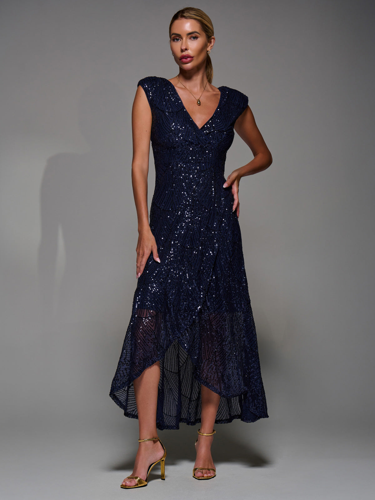 Sequin Asymmetric Ruffle Hem Maxi Dress Styled View
