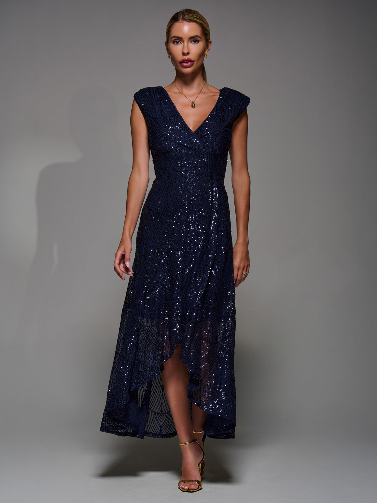 Sequin Asymmetric Ruffle Hem Maxi Dress Full Length View