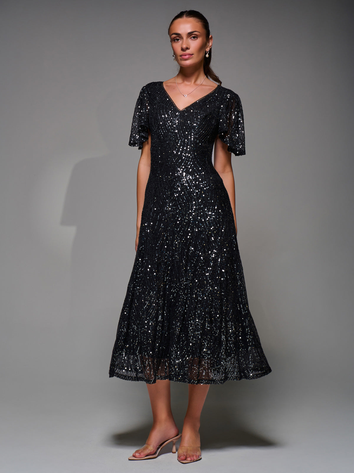 Sequin Angel Sleeve Fit & Flare Midaxi Dress Front View