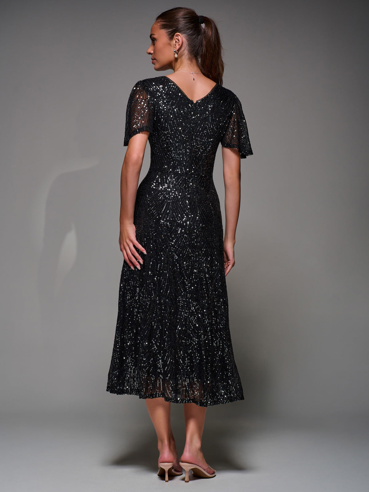 Sequin Angel Sleeve Fit & Flare Midaxi Dress Back View