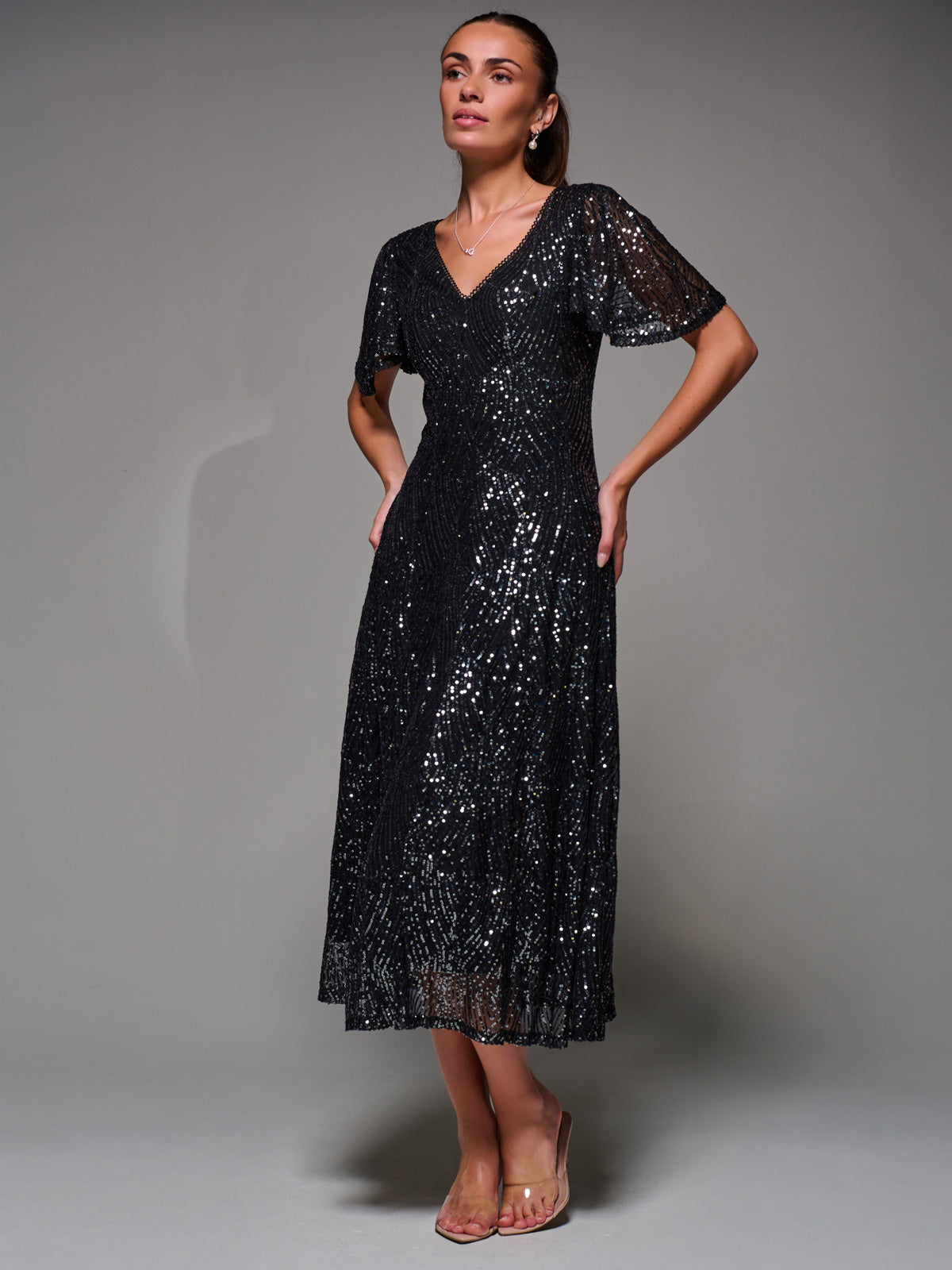 Sequin Angel Sleeve Fit & Flare Midaxi Dress Styled View