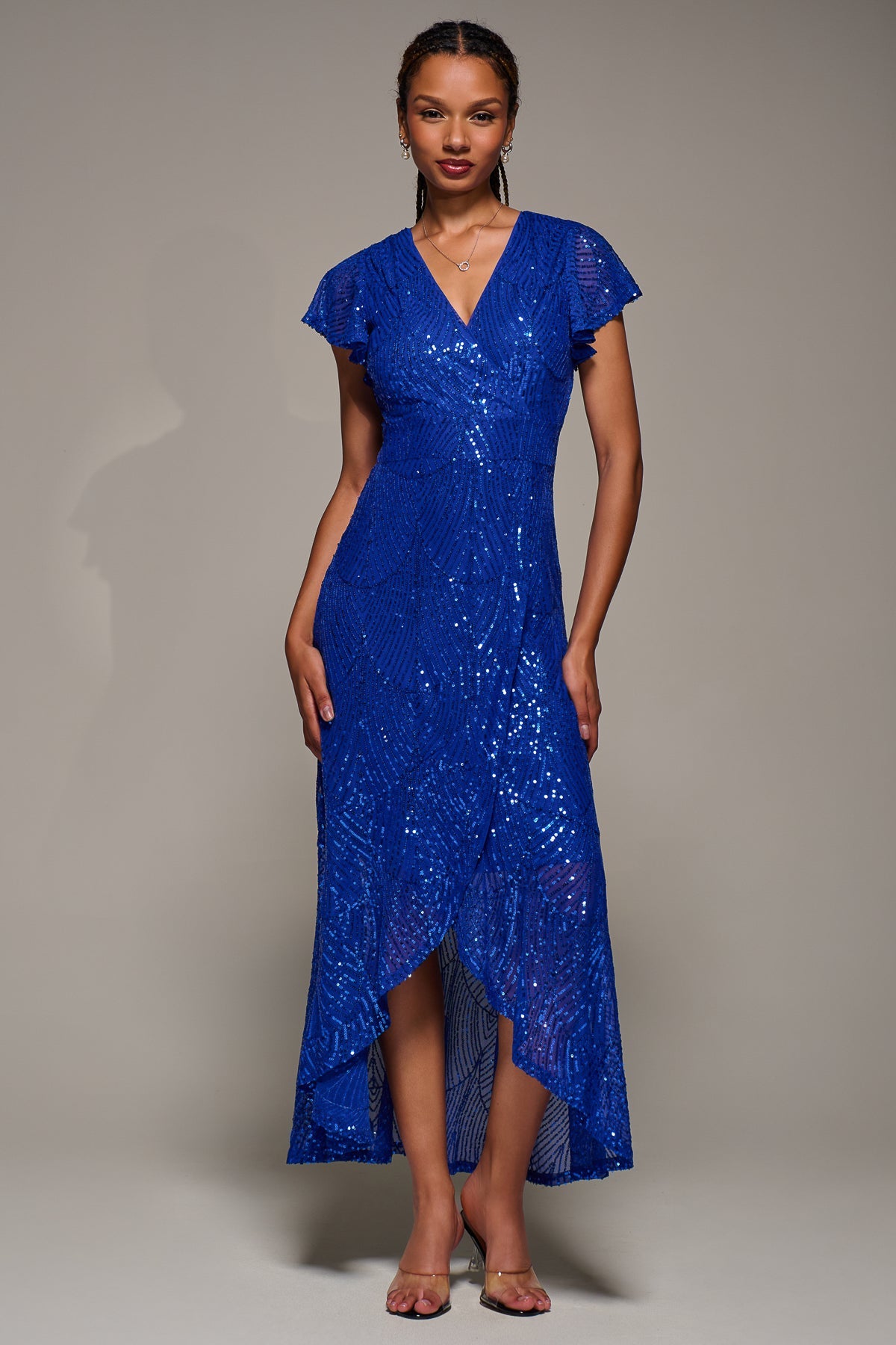 Frill Short Sleeve Sequin Maxi Dress Front View