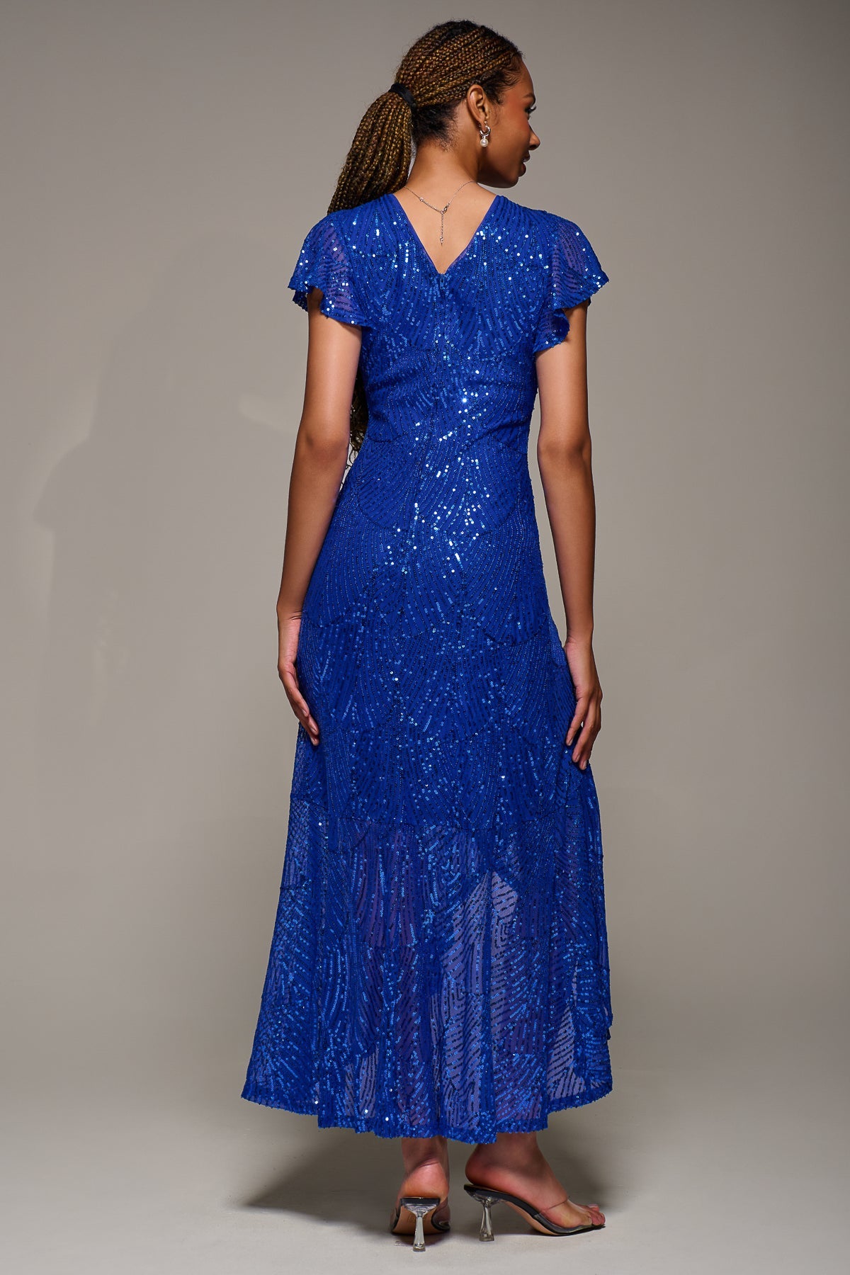 Frill Short Sleeve Sequin Maxi Dress Back View