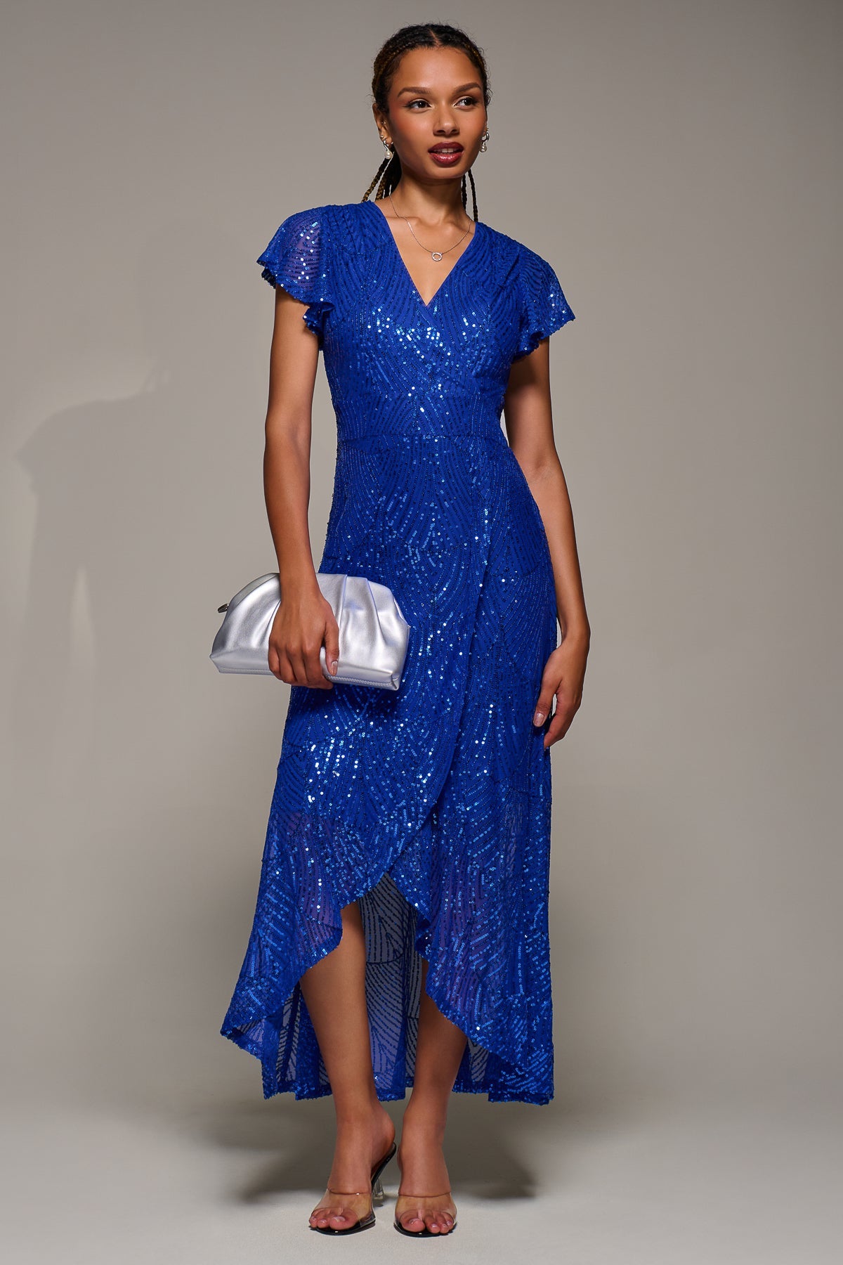 Frill Short Sleeve Sequin Maxi Dress Front View 2