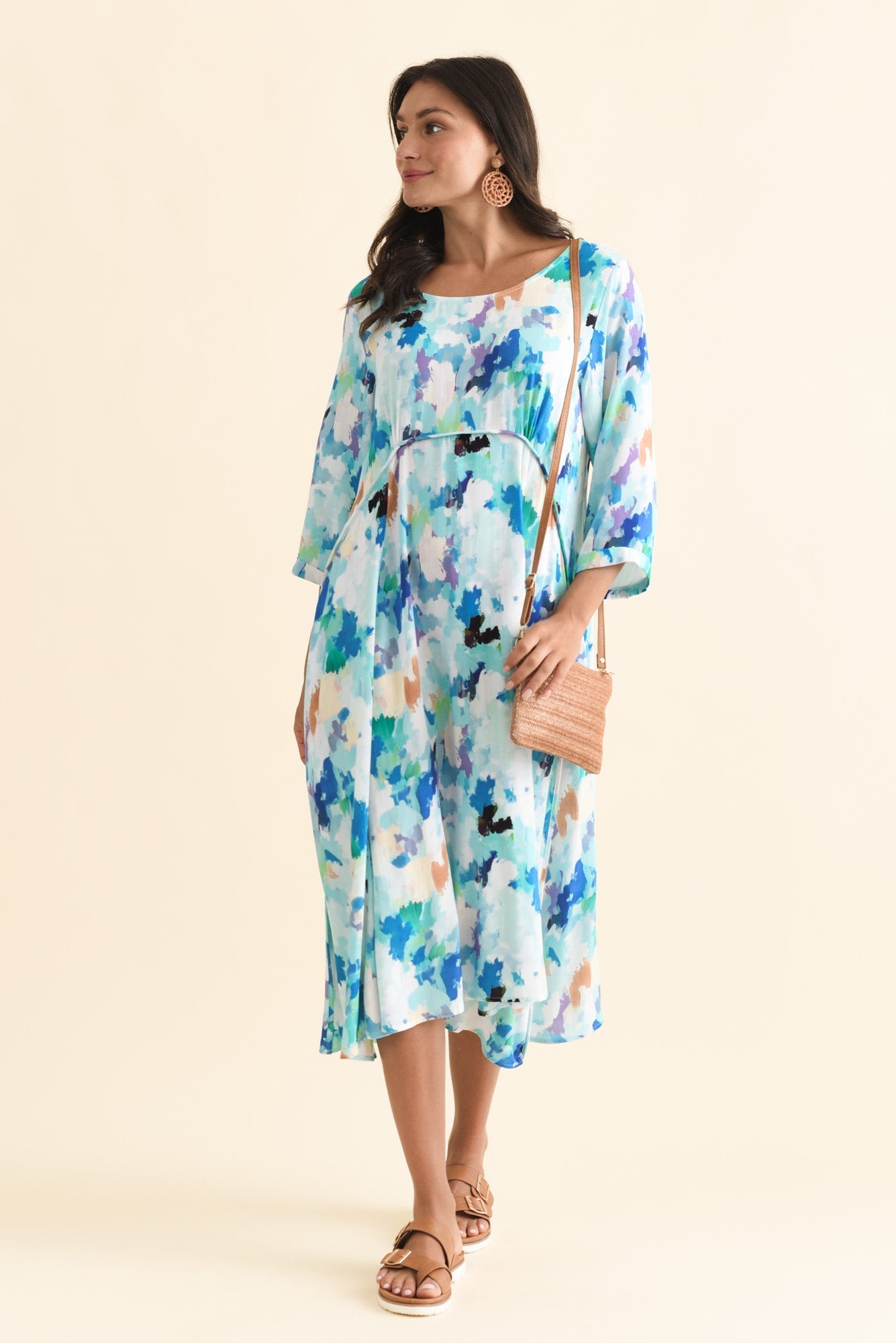 Zaelia Blue Watercolor Sleeved Crescent Dress Back View