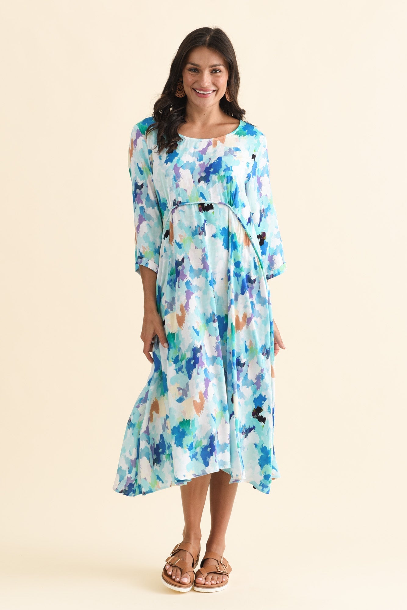 Zaelia Blue Watercolor Sleeved Crescent Dress Front View