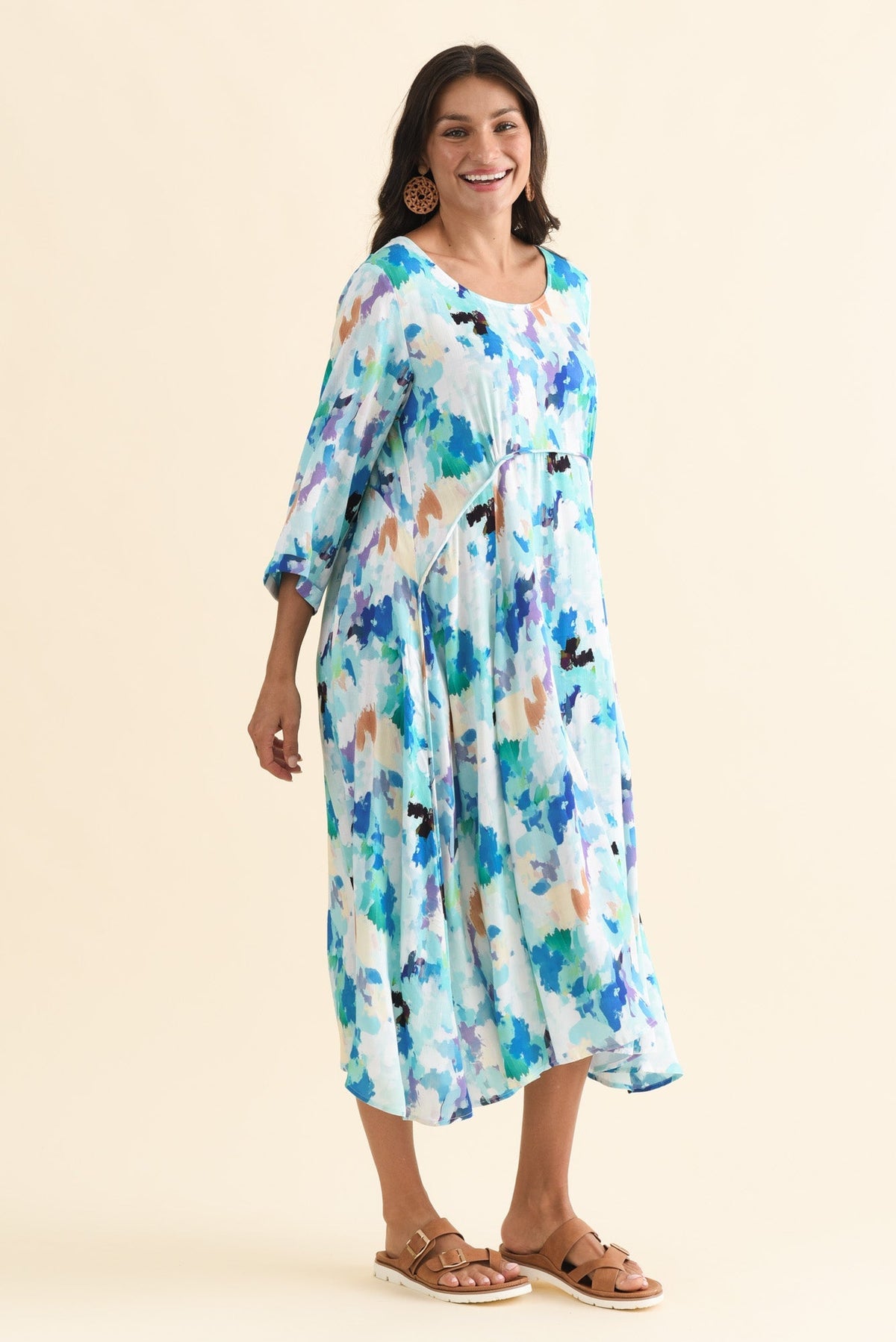 Zaelia Blue Watercolor Sleeved Crescent Dress Detail View