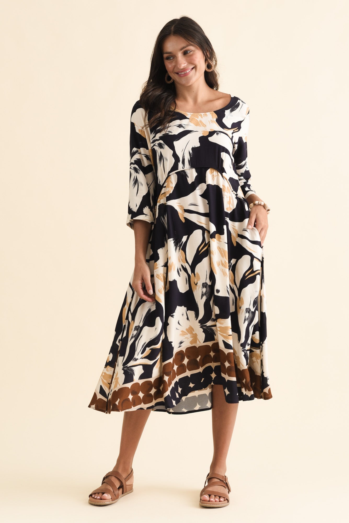 Zaelia Navy Abstract Sleeved Crescent Dress Back View 2