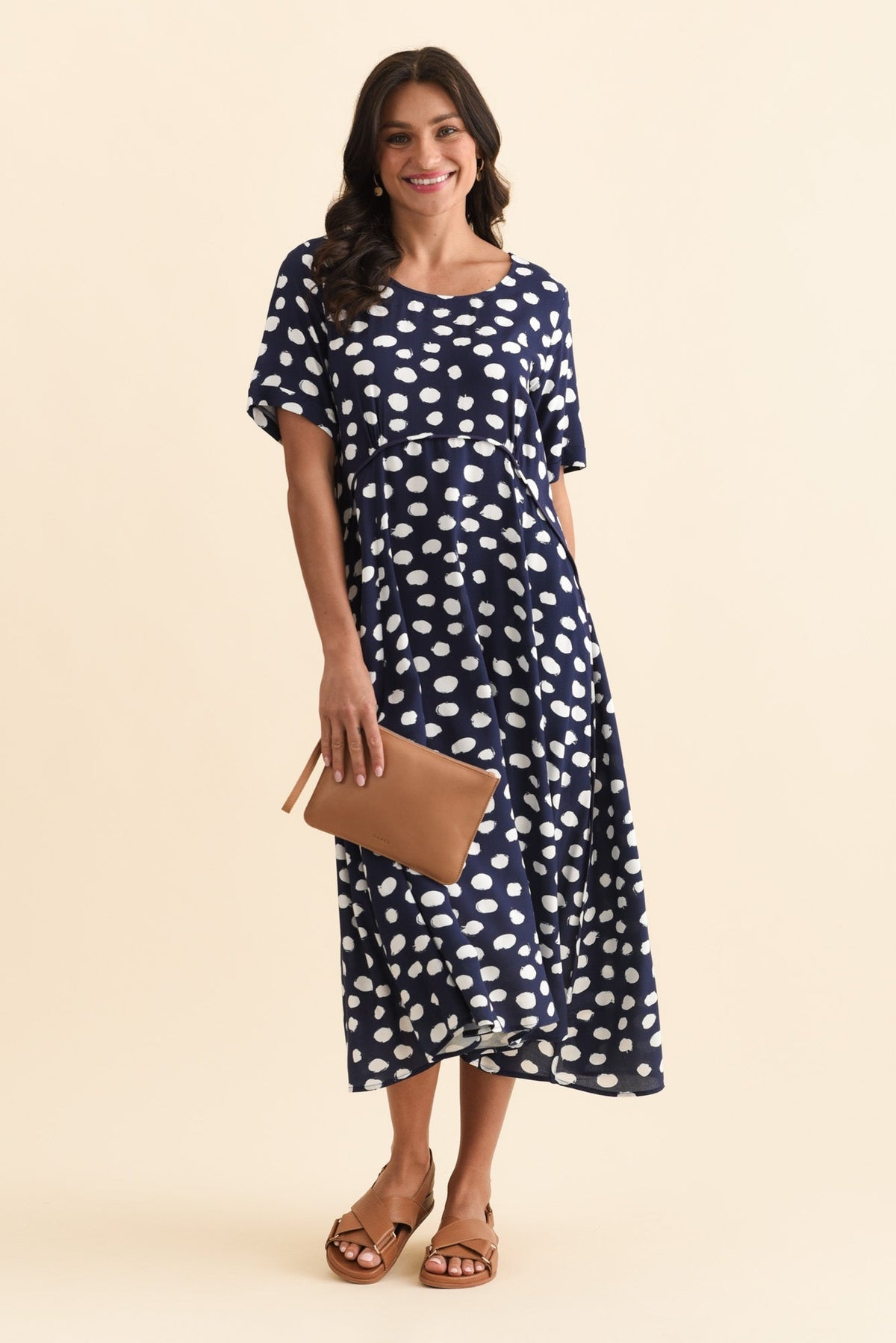 Zaelia Navy Spot Crescent Dress Front View 2