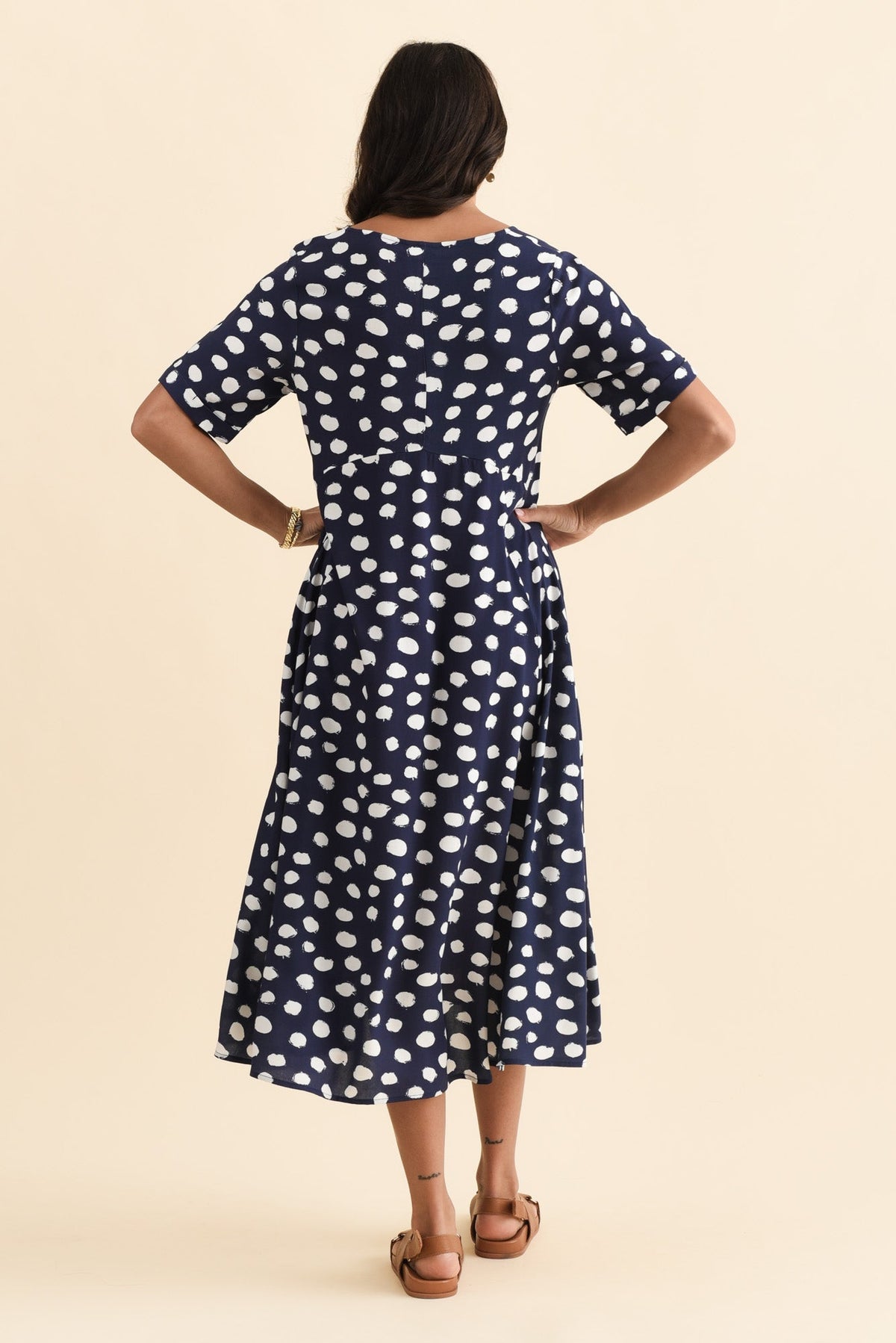 Zaelia Navy Spot Crescent Dress Side View