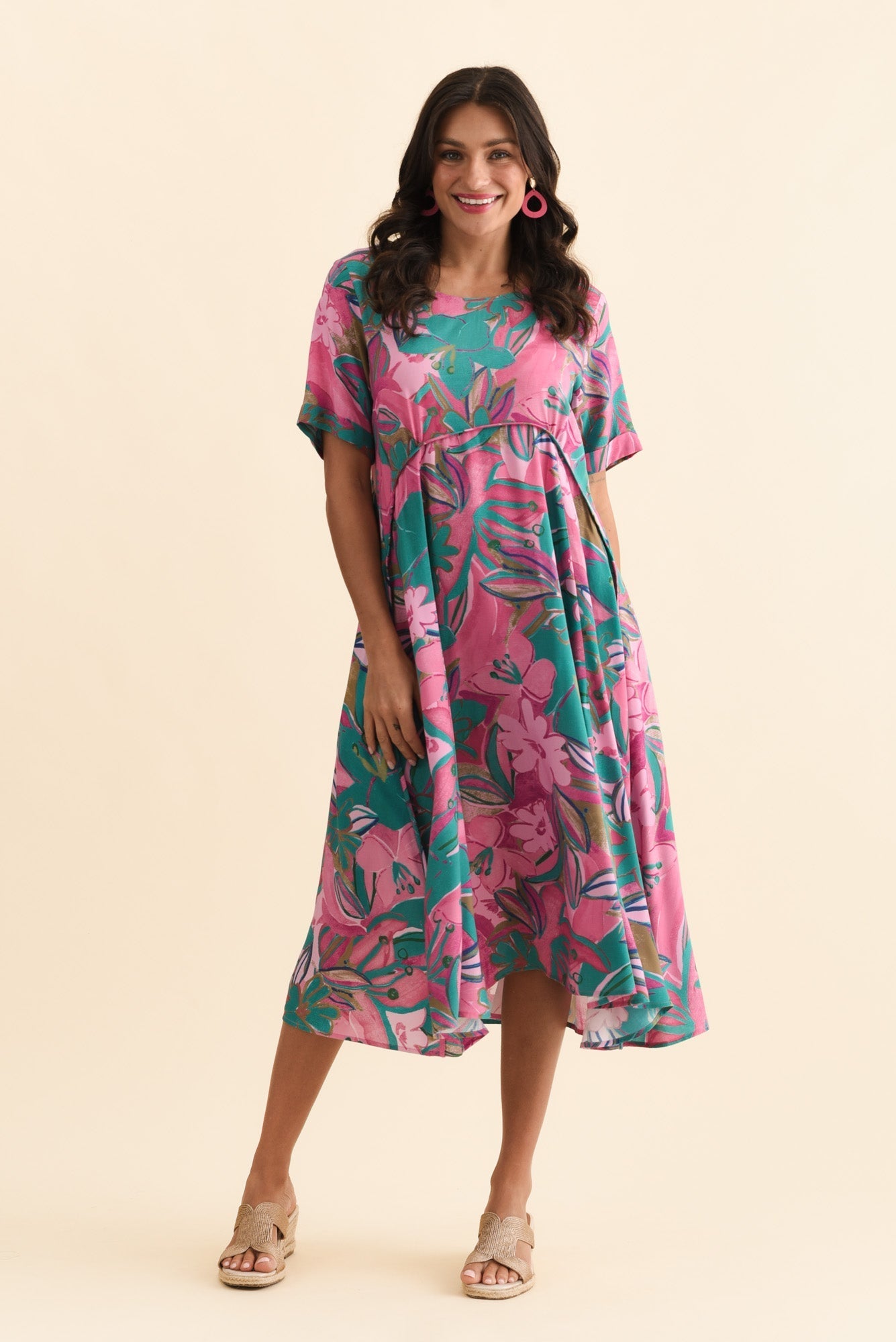 Zaelia Pink Floral Crescent Dress Front View 2