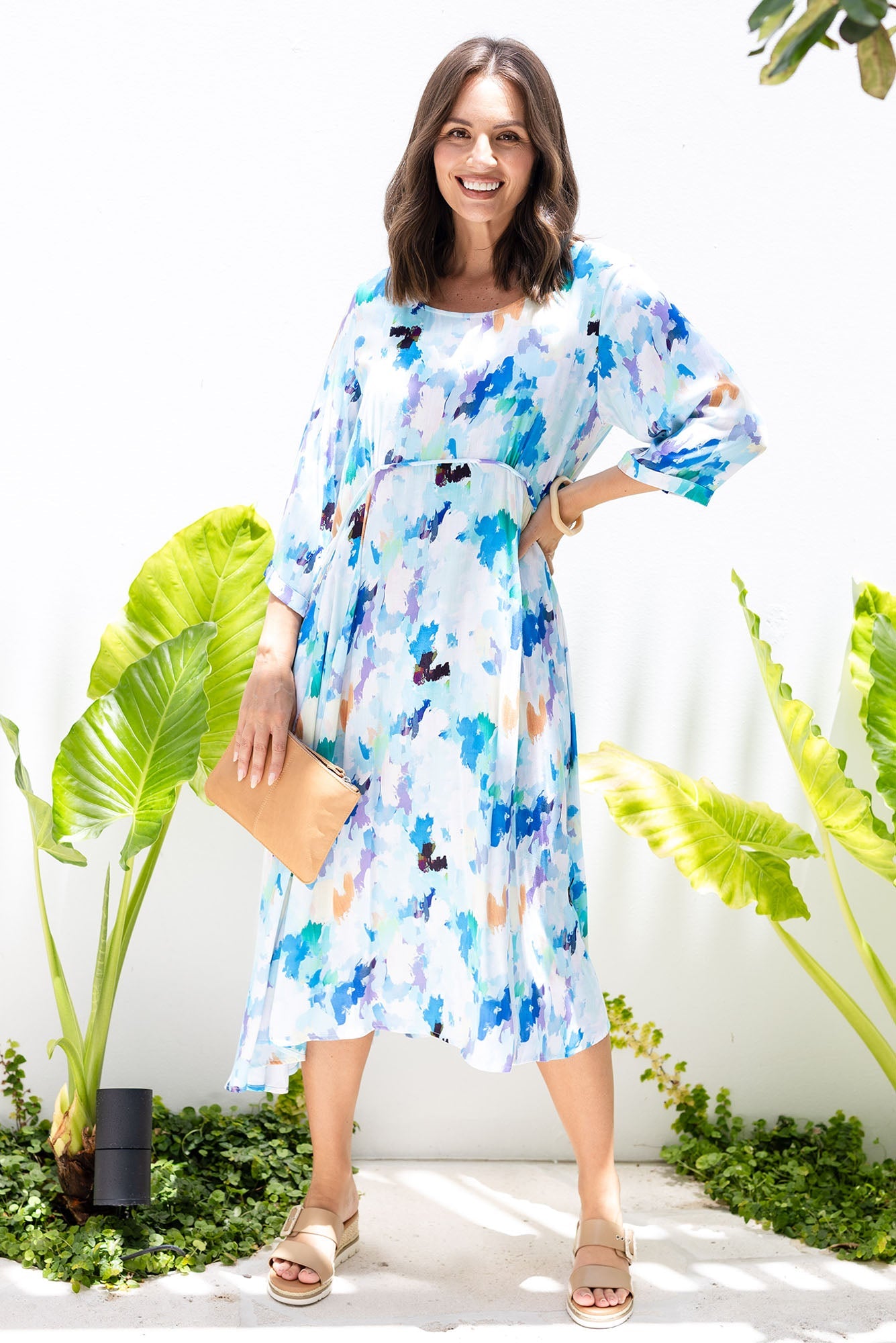 Zaelia Blue Watercolor Sleeved Crescent Dress Front View 2