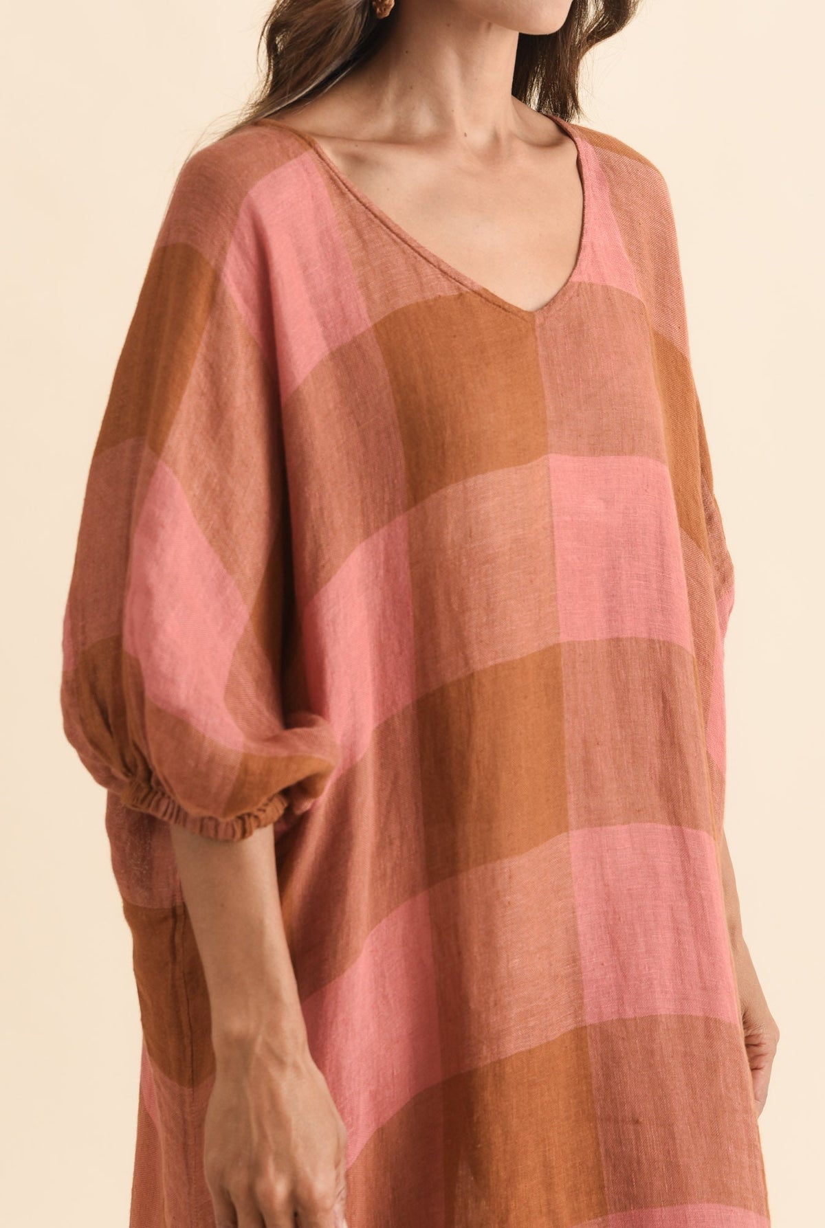 Marcel Orange Check Linen Dress Full Length View