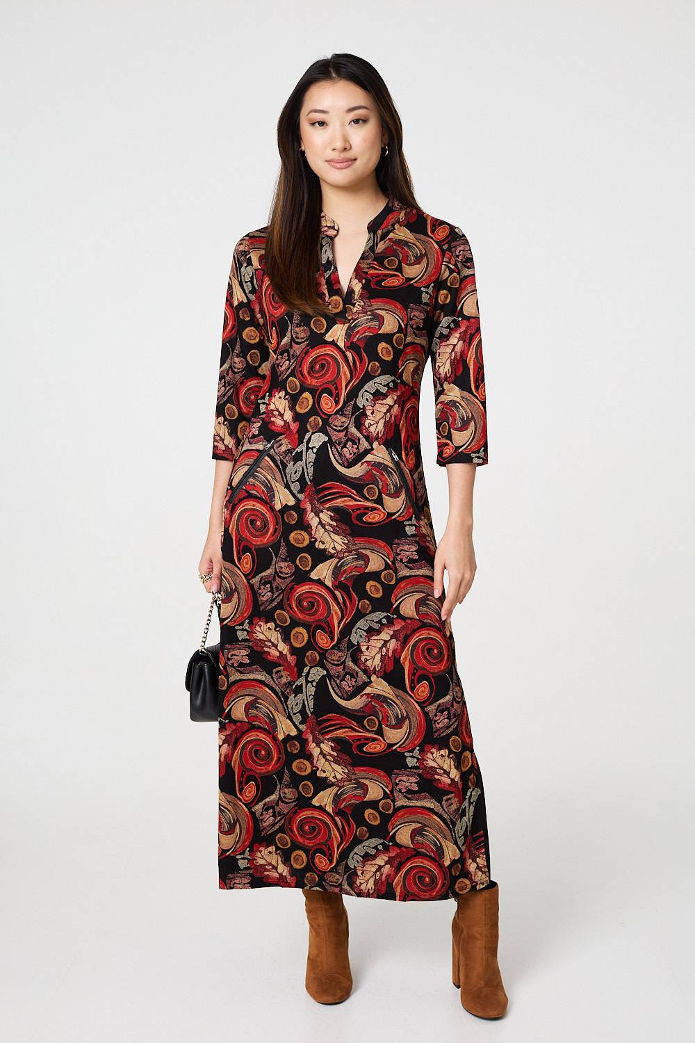 Abstract 3/4 Sleeve Maxi Shift Dress Front View
