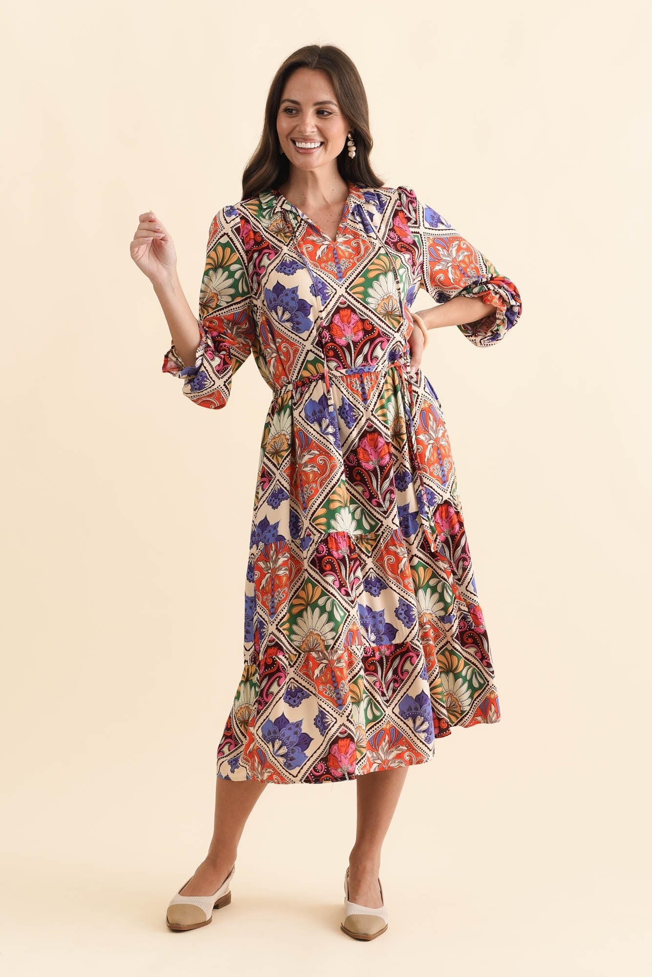 Lyon Orange Tile Sleeved Dress Front View