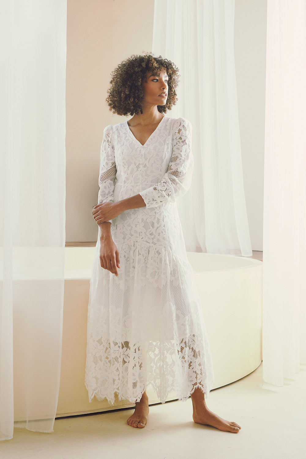 Floral Lace Layer Long Sleeve Maxi Dress Front View